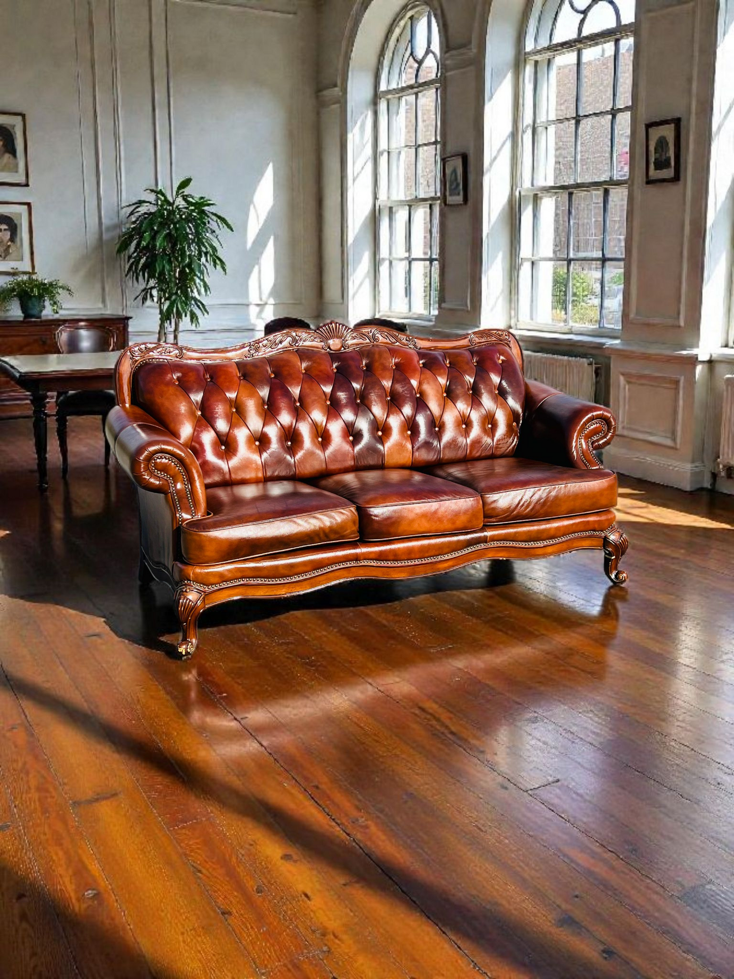 🛋️ Juego de Sala Clasico — Cuero Marron con Tallado Ornamental (2 piezas)