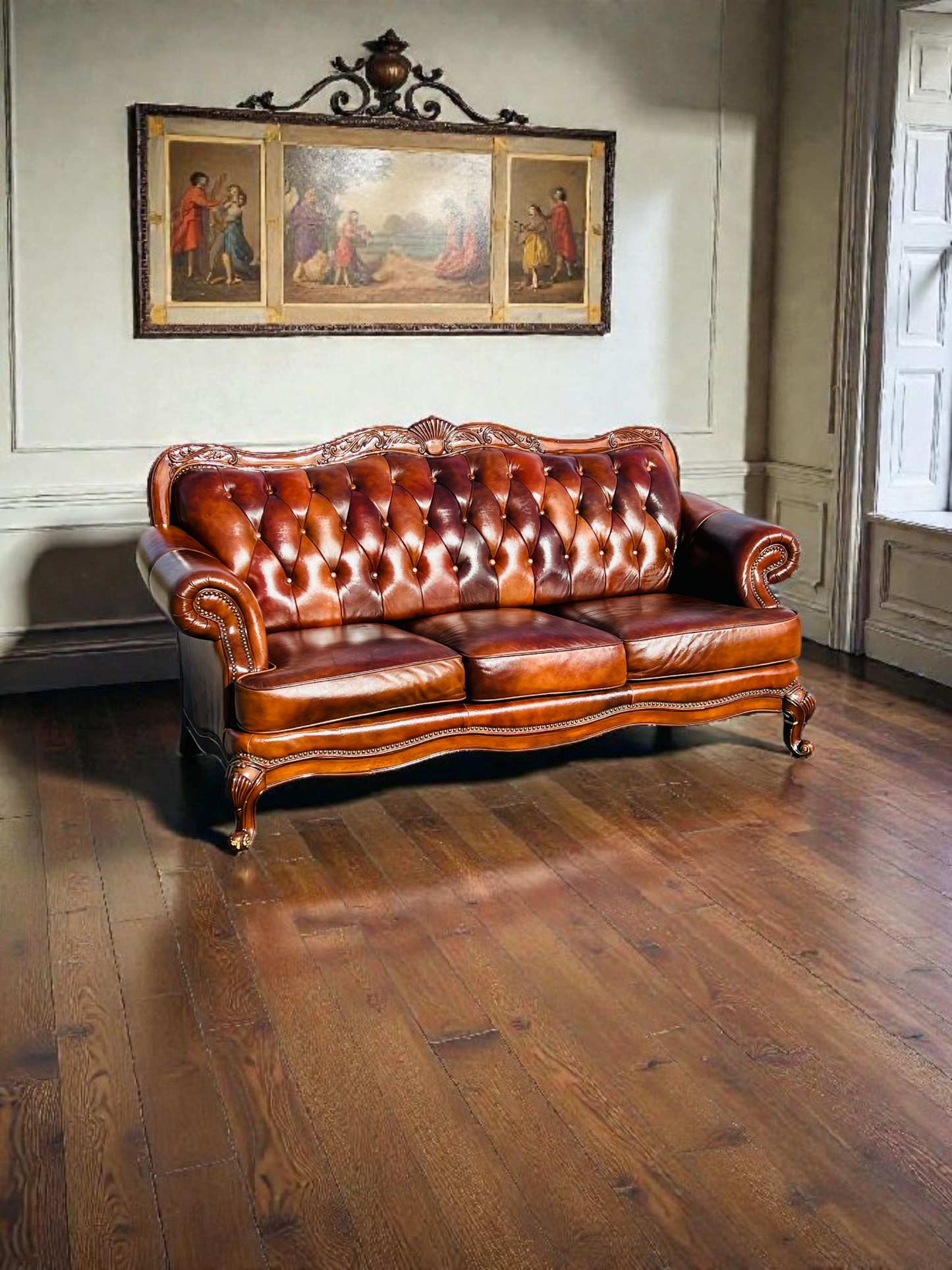 🛋️ Juego de Sala Clasico — Cuero Marron con Tallado Ornamental (2 piezas)