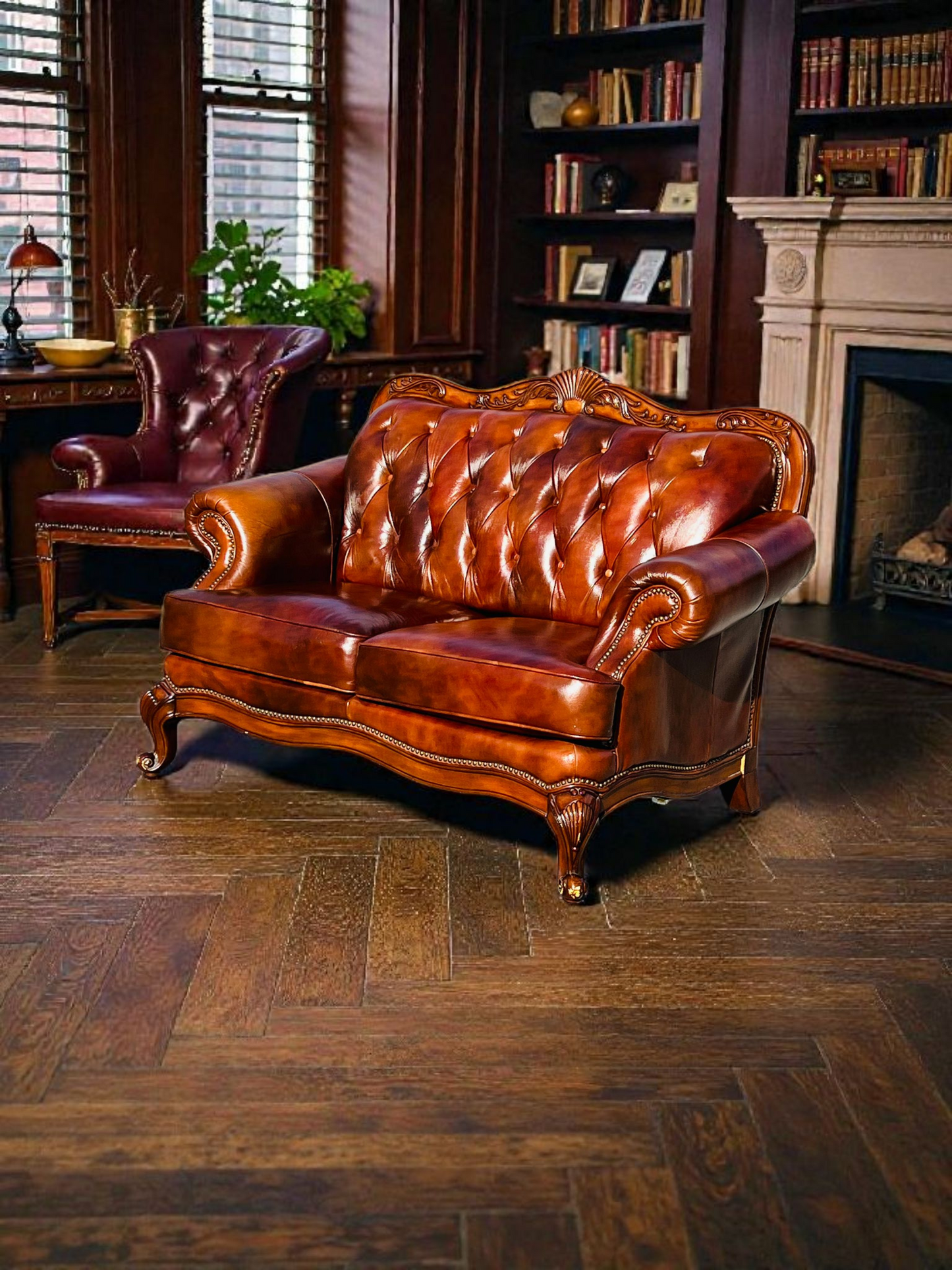 🛋️ Juego de Sala Clasico — Cuero Marron con Tallado Ornamental (2 piezas)