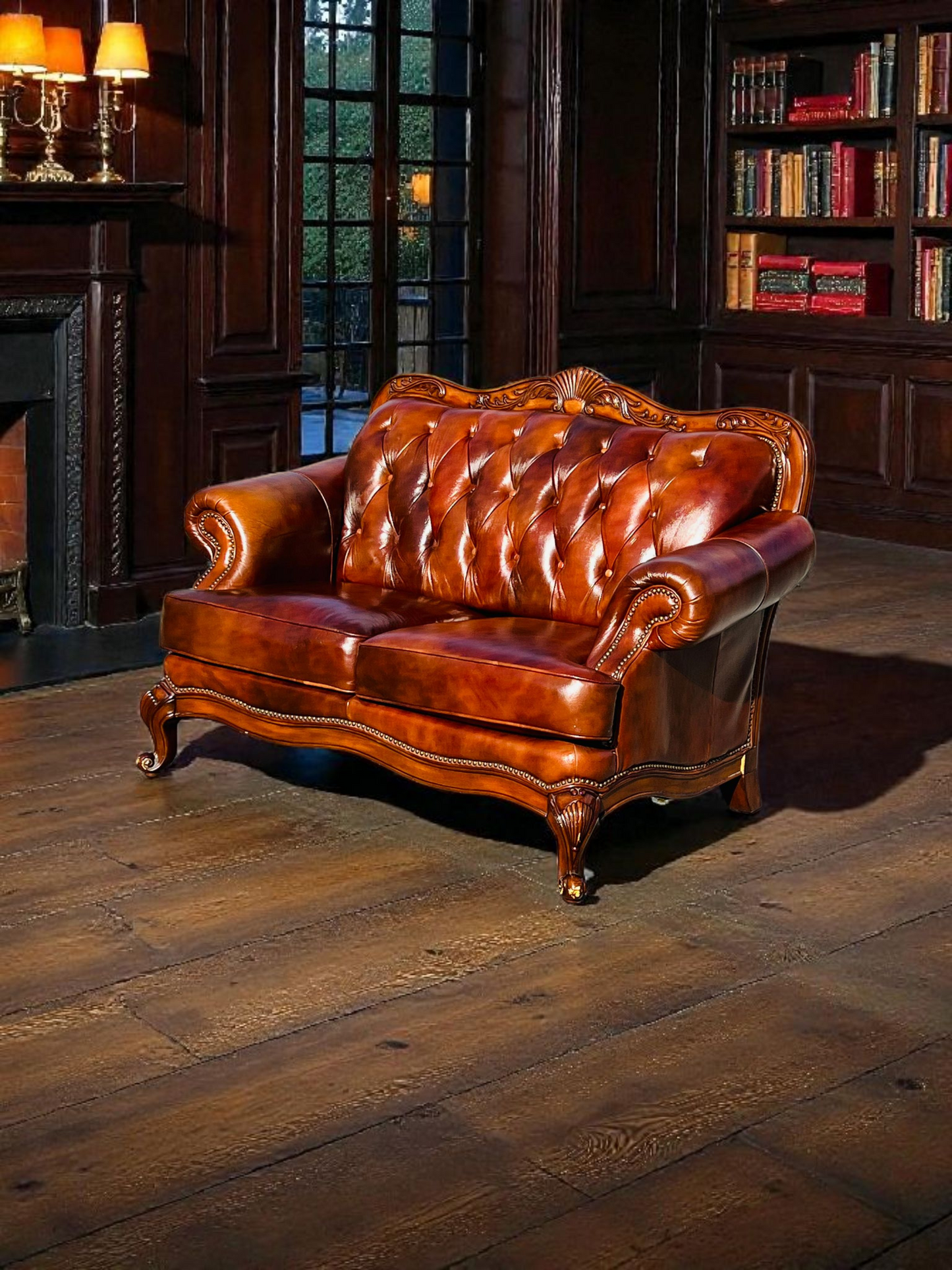 🛋️ Juego de Sala Clasico — Cuero Marron con Tallado Ornamental (2 piezas)