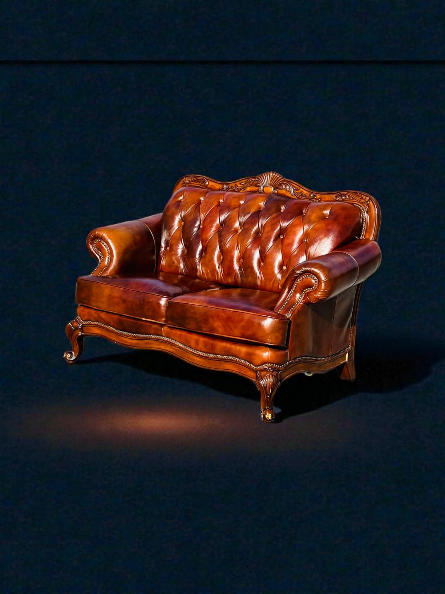 🛋️ Juego de Sala Clasico — Cuero Marron con Tallado Ornamental (2 piezas)