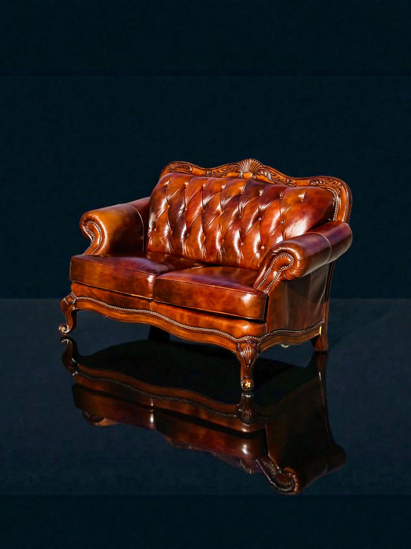 🛋️ Juego de Sala Clasico — Cuero Marron con Tallado Ornamental (2 piezas)