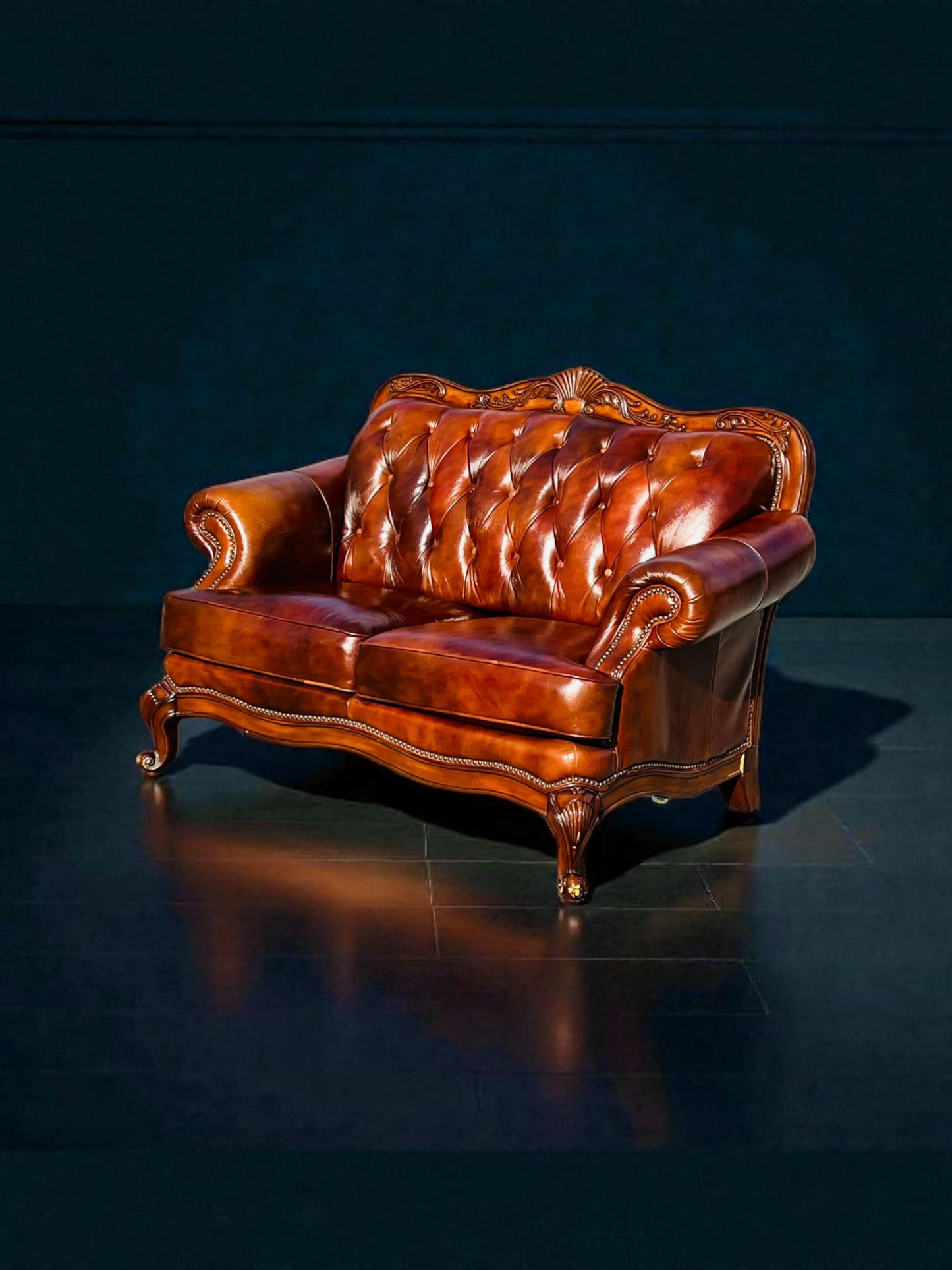 🛋️ Juego de Sala Clasico — Cuero Marron con Tallado Ornamental (2 piezas)