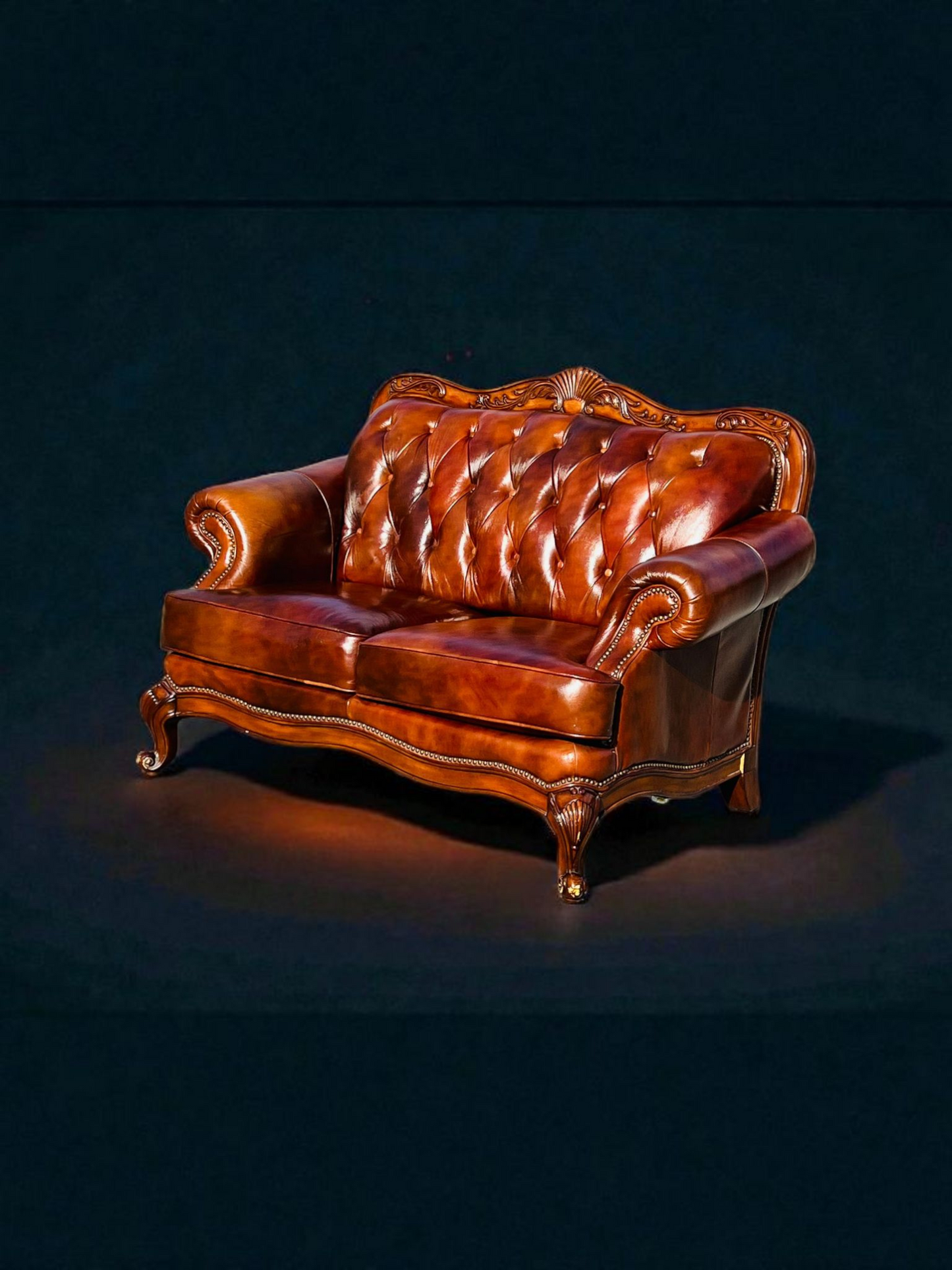 🛋️ Juego de Sala Clasico — Cuero Marron con Tallado Ornamental (2 piezas)