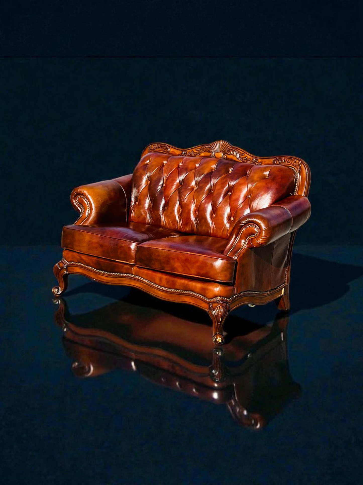 🛋️ Juego de Sala Clasico — Cuero Marron con Tallado Ornamental (2 piezas)