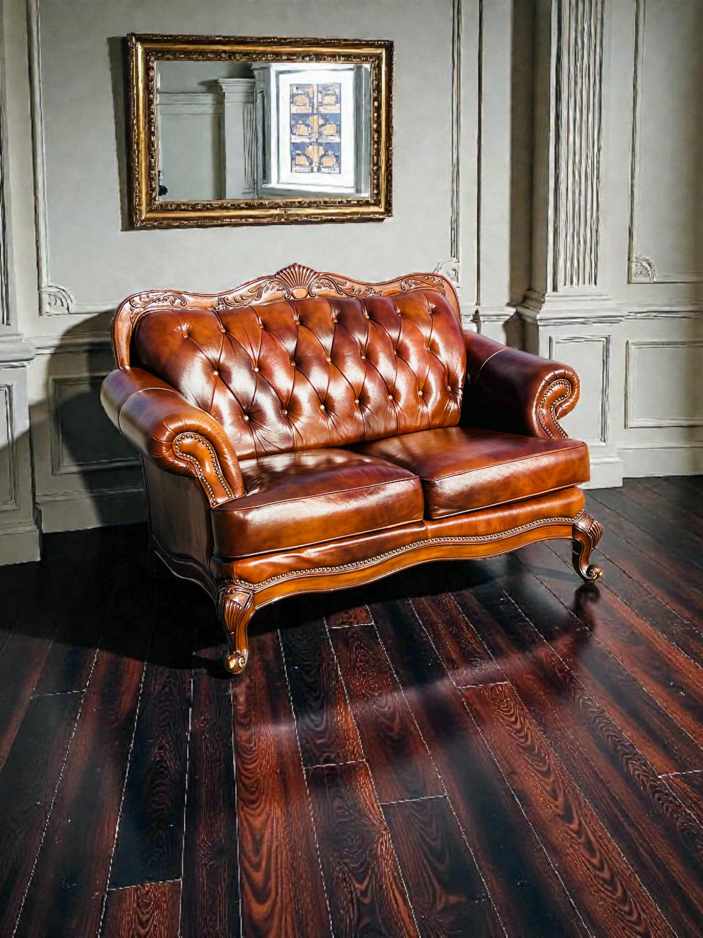 🛋️ Juego de Sala Clasico — Cuero Marron con Tallado Ornamental (2 piezas)