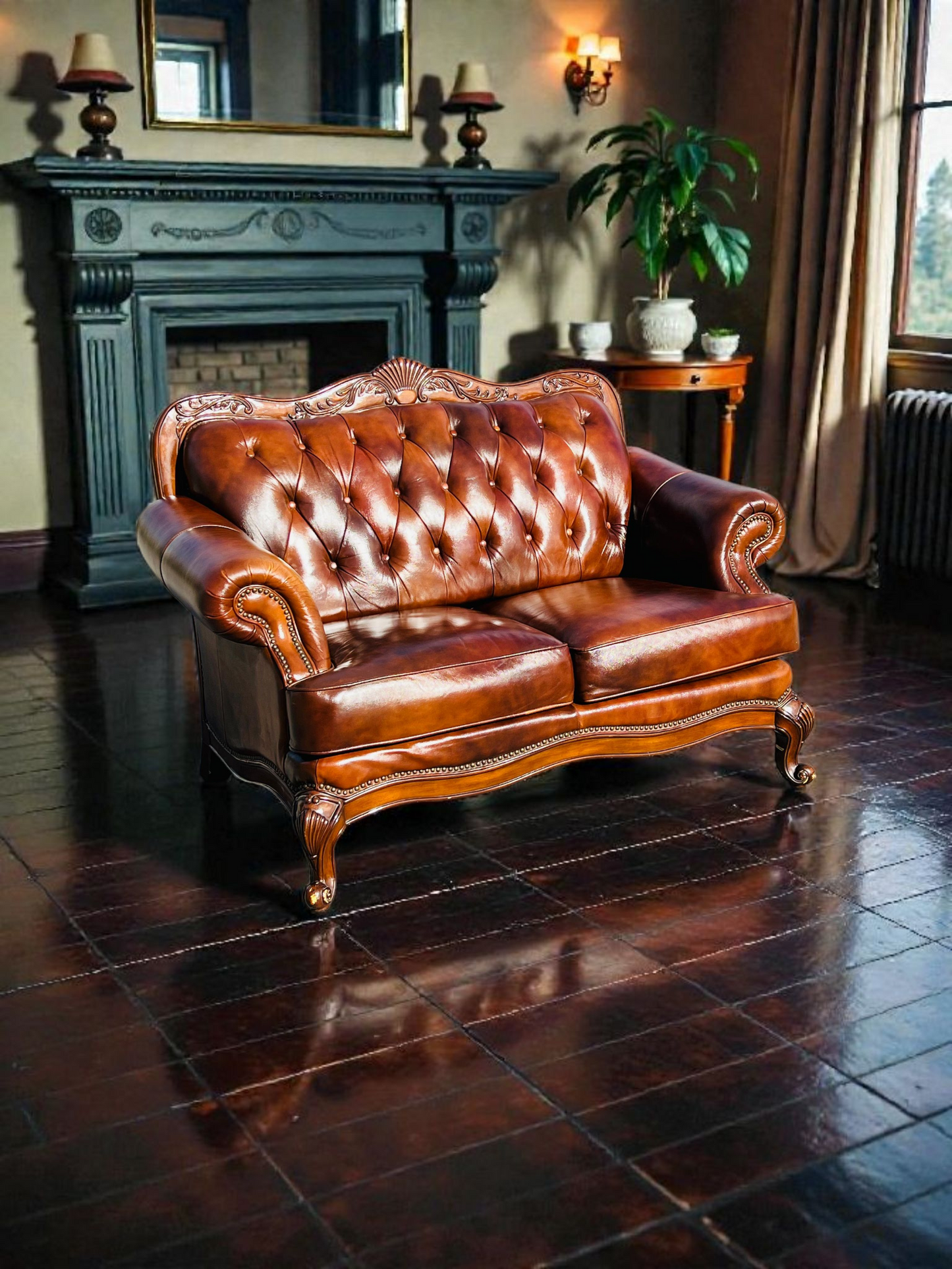 🛋️ Juego de Sala Clasico — Cuero Marron con Tallado Ornamental (2 piezas)