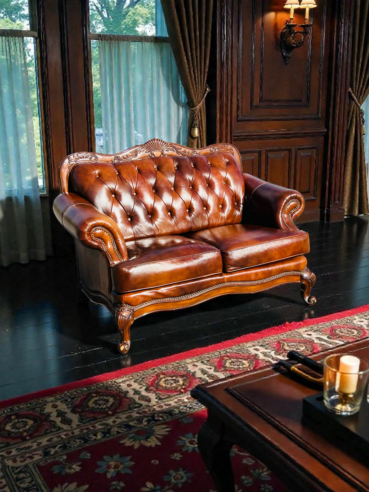 🛋️ Juego de Sala Clasico — Cuero Marron con Tallado Ornamental (2 piezas)