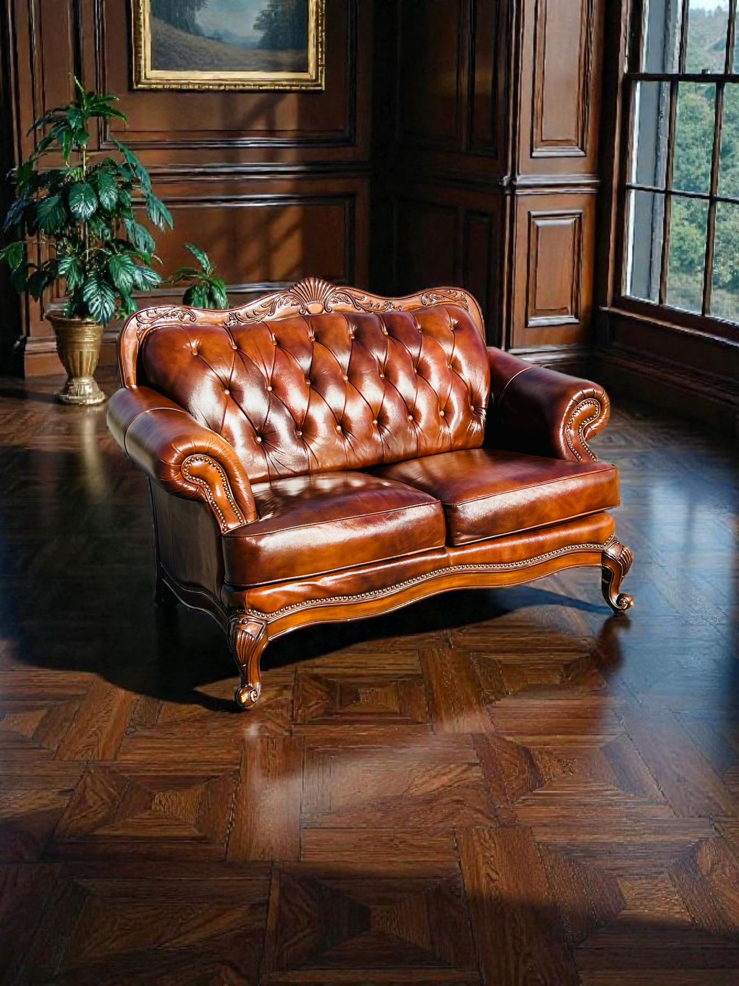 🛋️ Juego de Sala Clasico — Cuero Marron con Tallado Ornamental (2 piezas)