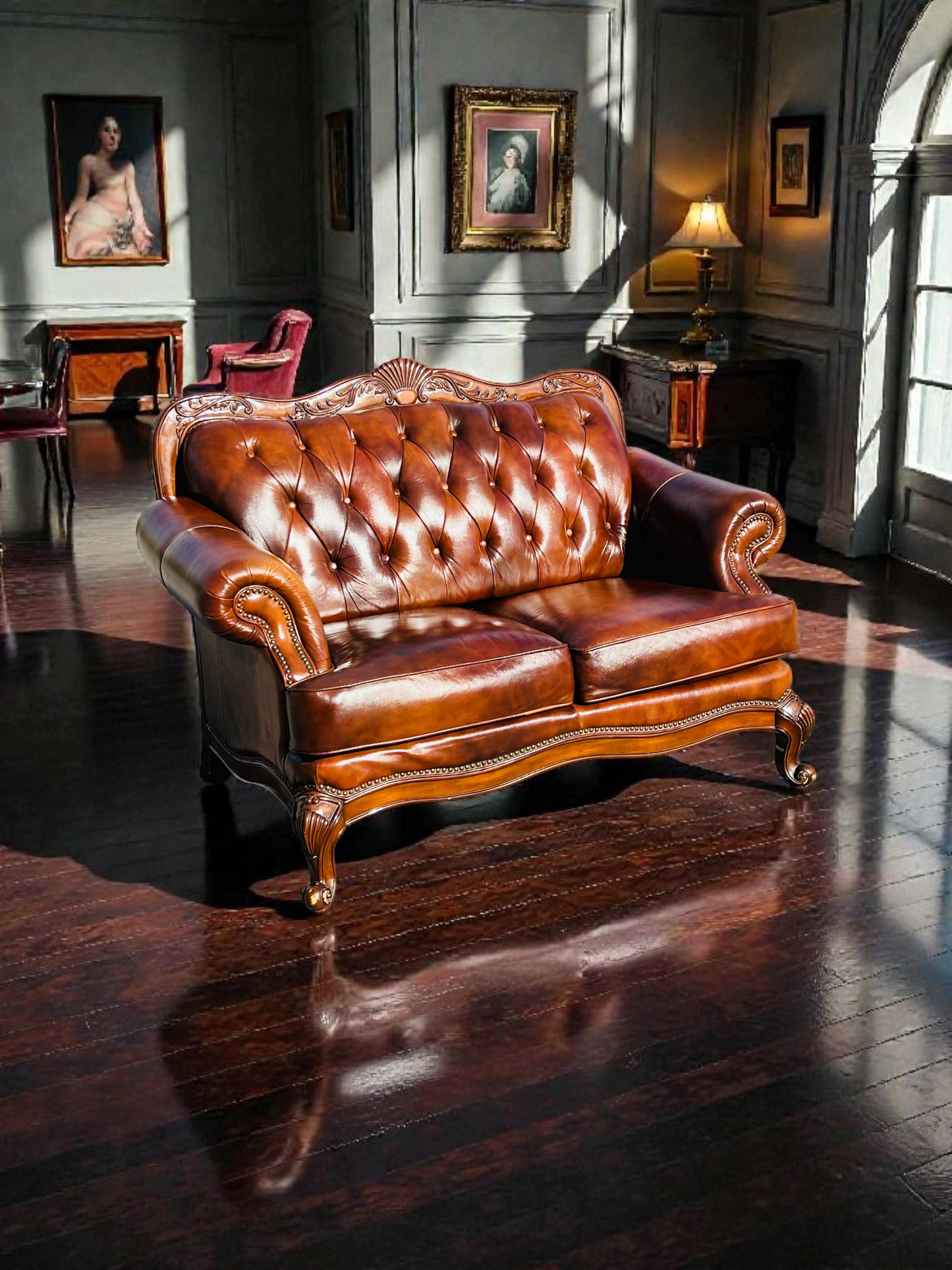 🛋️ Juego de Sala Clasico — Cuero Marron con Tallado Ornamental (2 piezas)