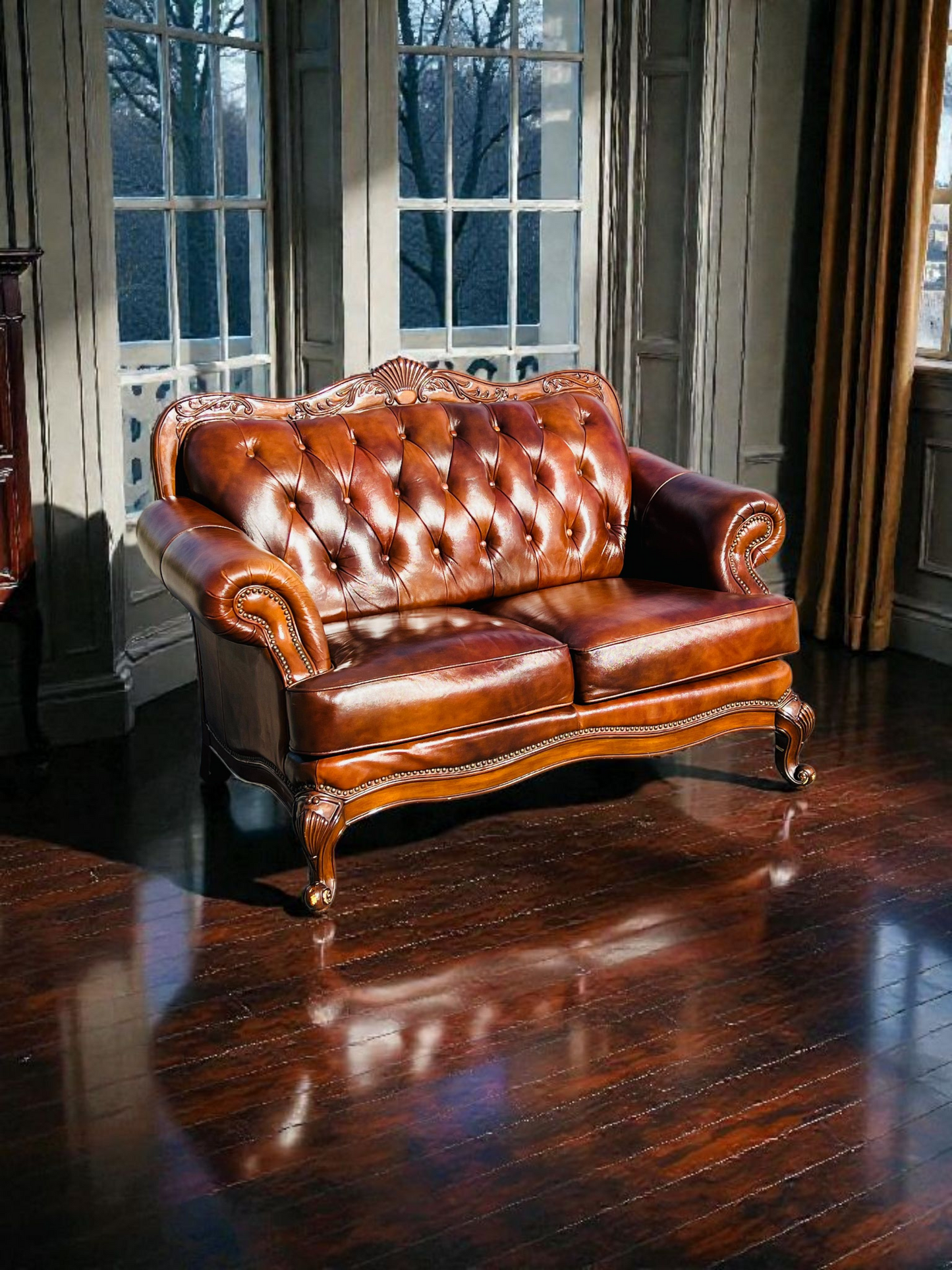 🛋️ Juego de Sala Clasico — Cuero Marron con Tallado Ornamental (2 piezas)