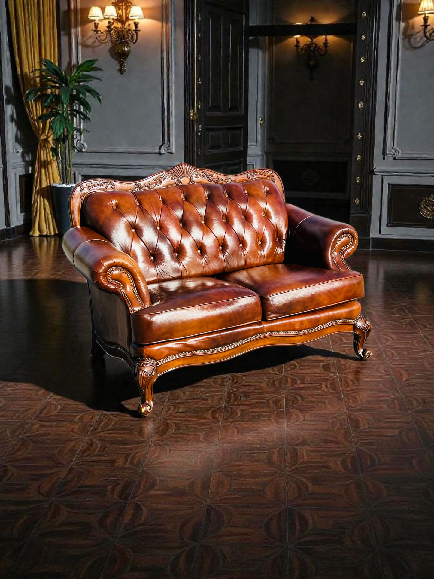 🛋️ Juego de Sala Clasico — Cuero Marron con Tallado Ornamental (2 piezas)