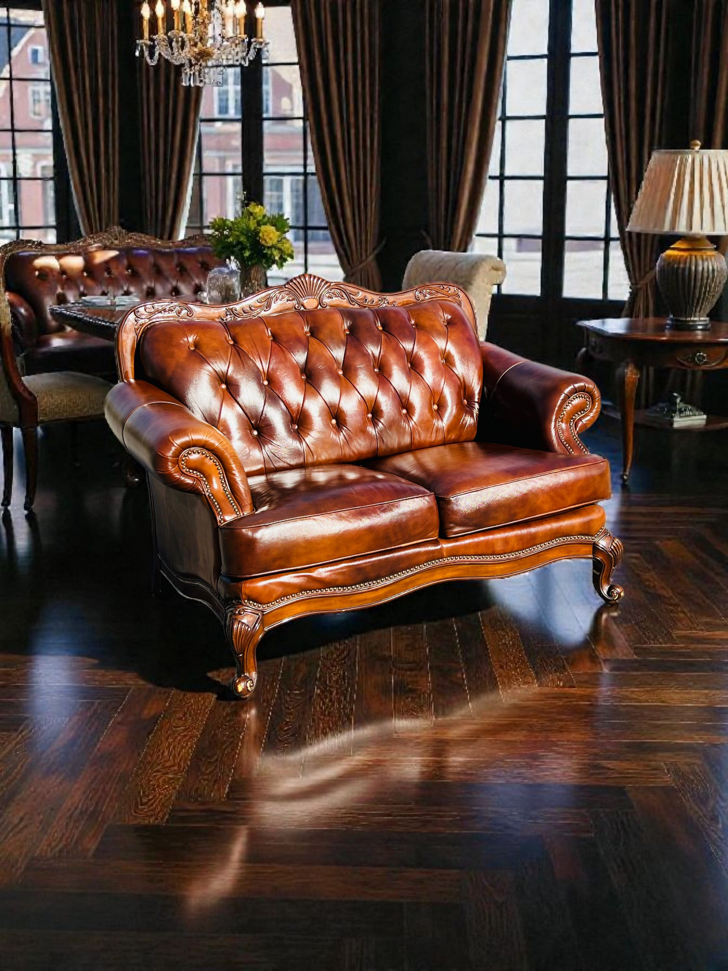 🛋️ Juego de Sala Clasico — Cuero Marron con Tallado Ornamental (2 piezas)