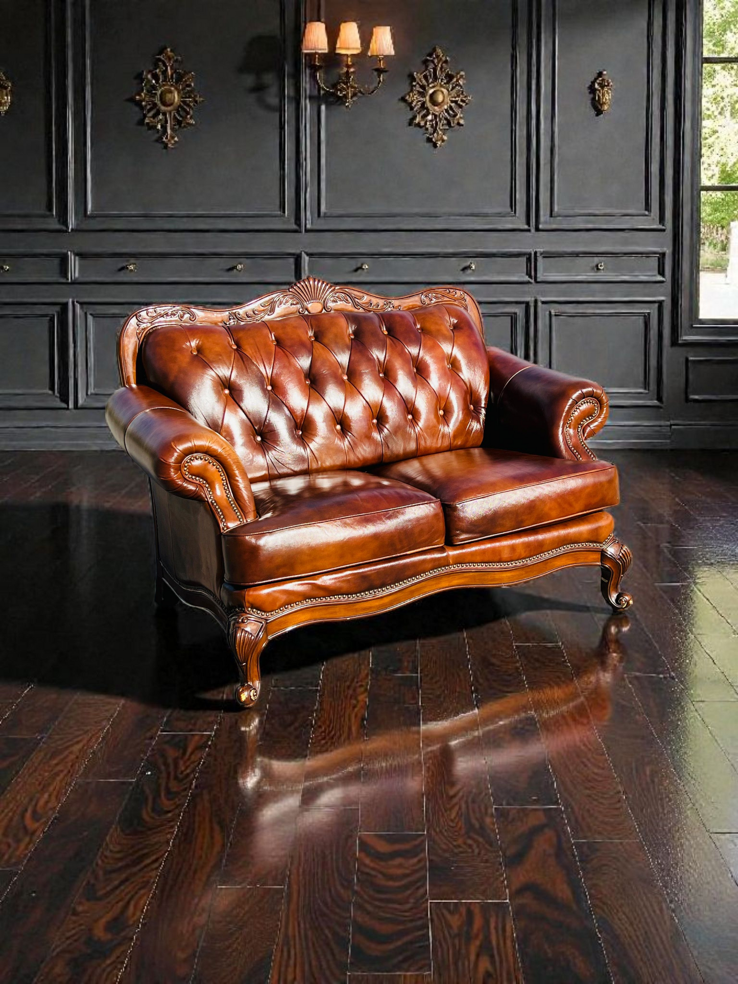 🛋️ Juego de Sala Clasico — Cuero Marron con Tallado Ornamental (2 piezas)