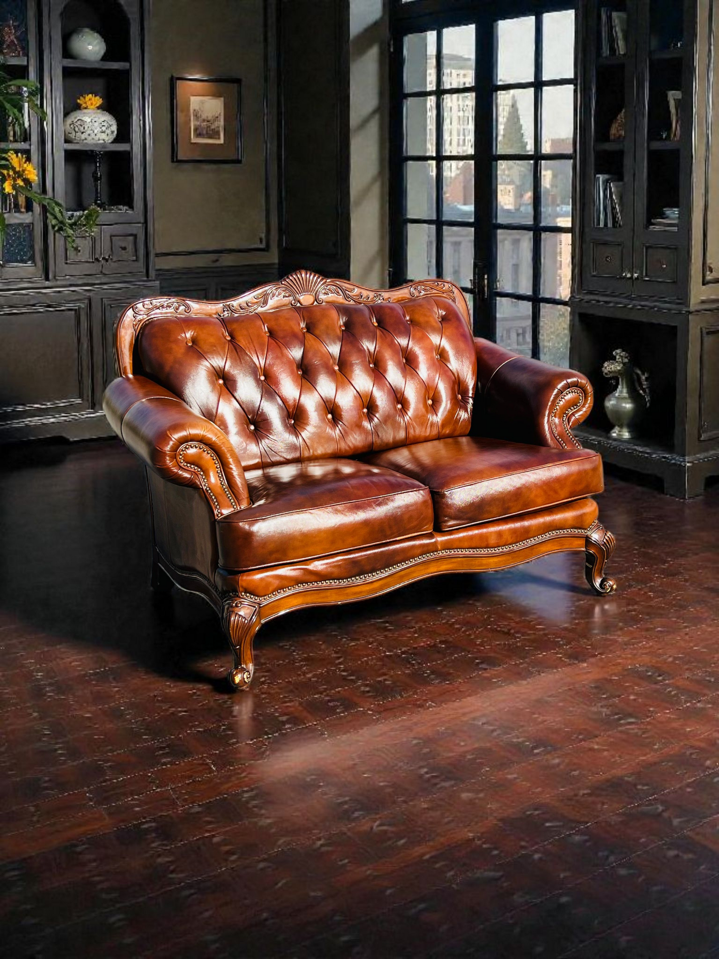 🛋️ Juego de Sala Clasico — Cuero Marron con Tallado Ornamental (2 piezas)