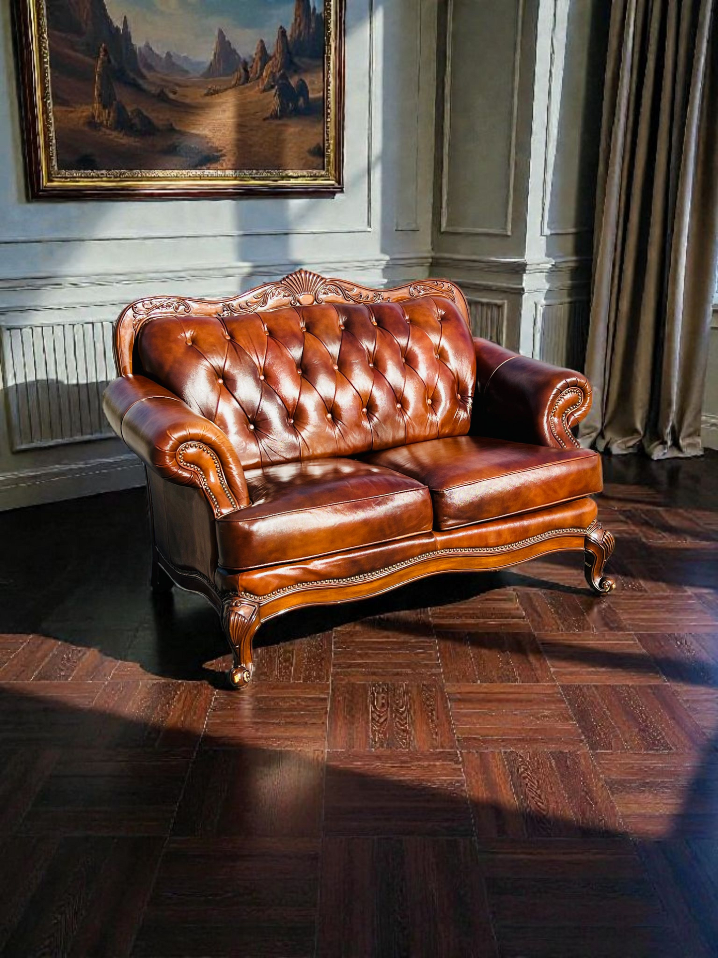 🛋️ Juego de Sala Clasico — Cuero Marron con Tallado Ornamental (2 piezas)