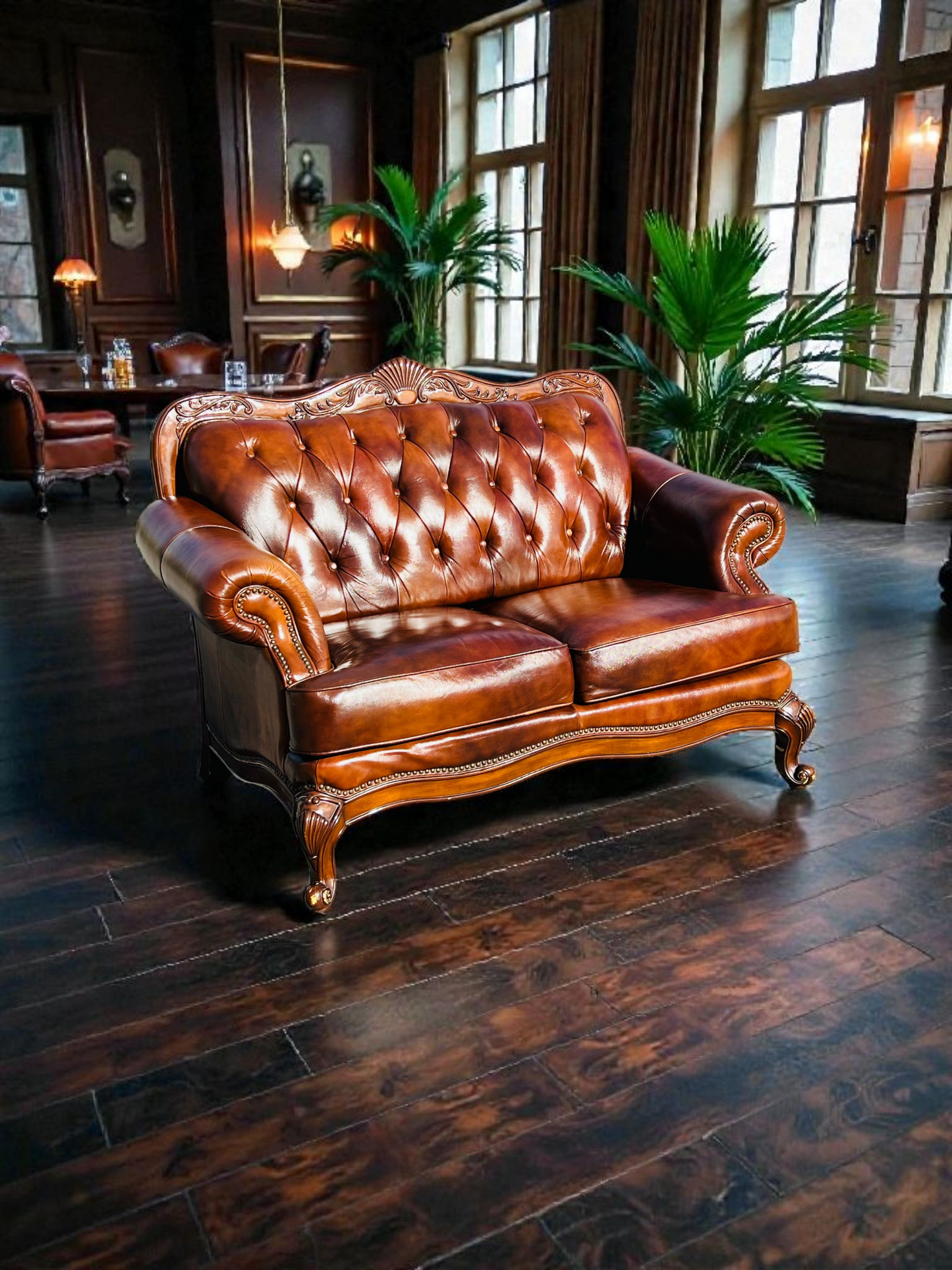 🛋️ Juego de Sala Clasico — Cuero Marron con Tallado Ornamental (2 piezas)