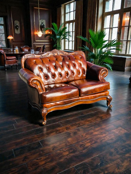 🛋️ Juego de Sala Clasico — Cuero Marron con Tallado Ornamental (2 piezas)