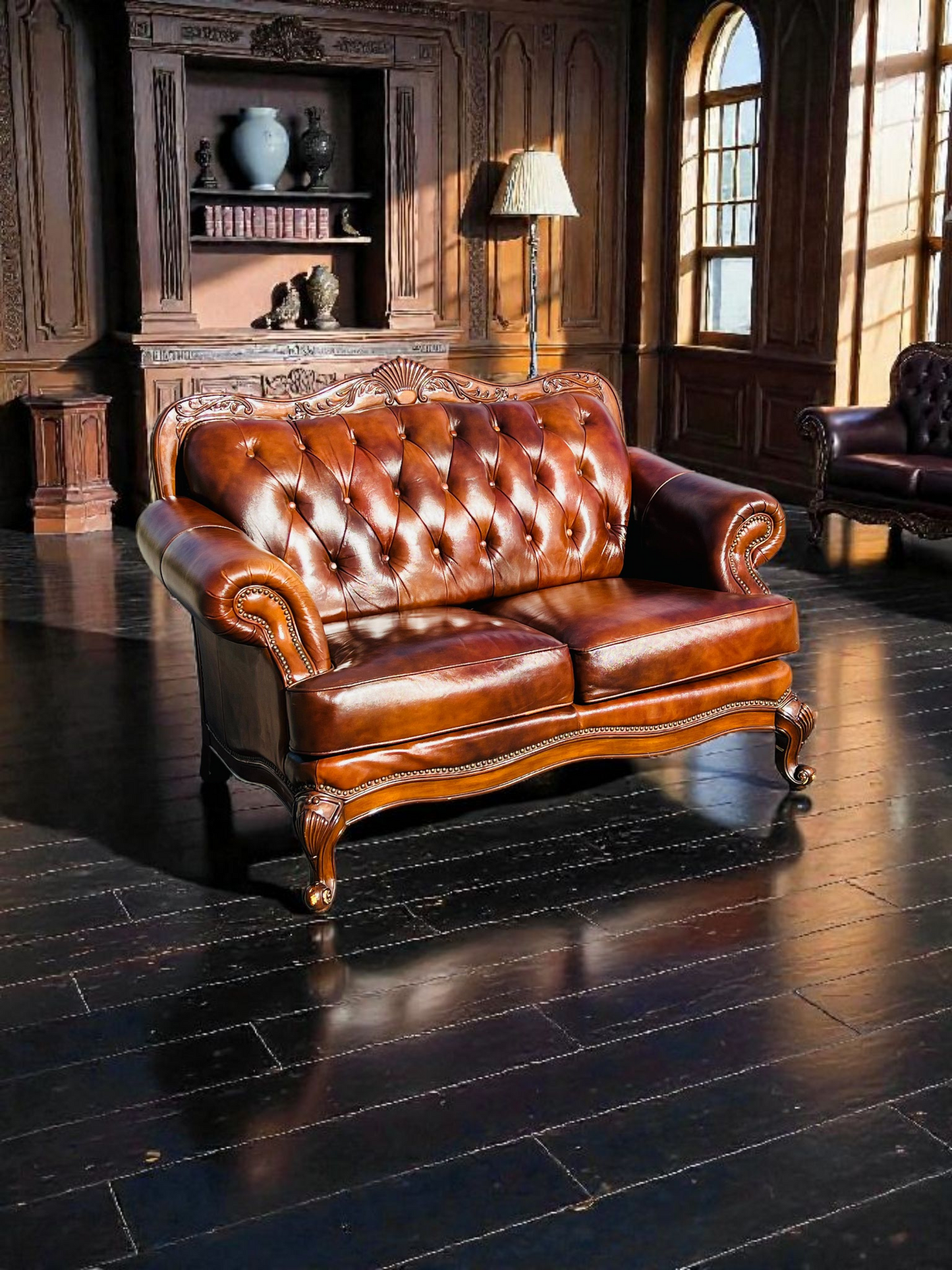 🛋️ Juego de Sala Clasico — Cuero Marron con Tallado Ornamental (2 piezas)