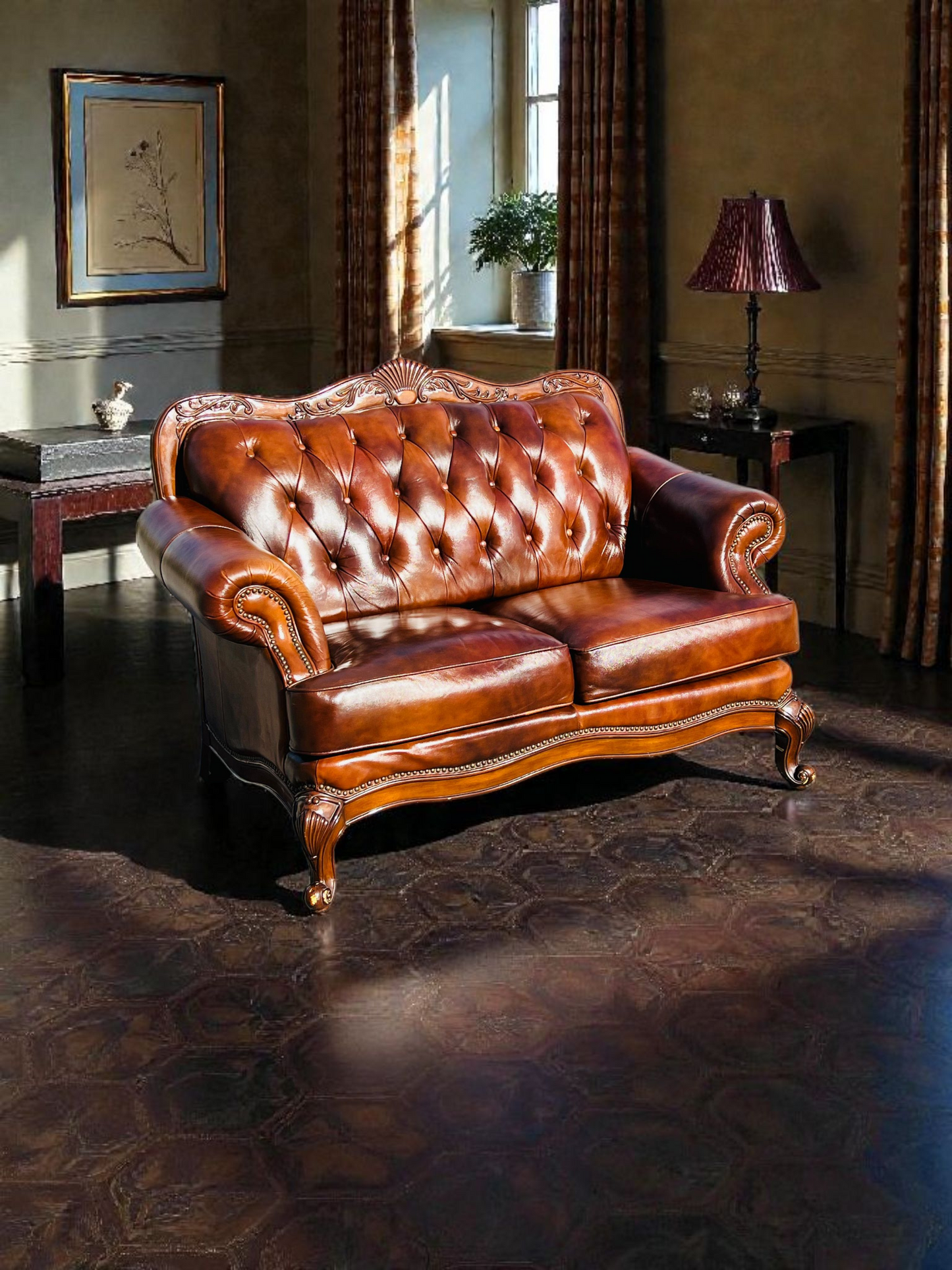 🛋️ Juego de Sala Clasico — Cuero Marron con Tallado Ornamental (2 piezas)