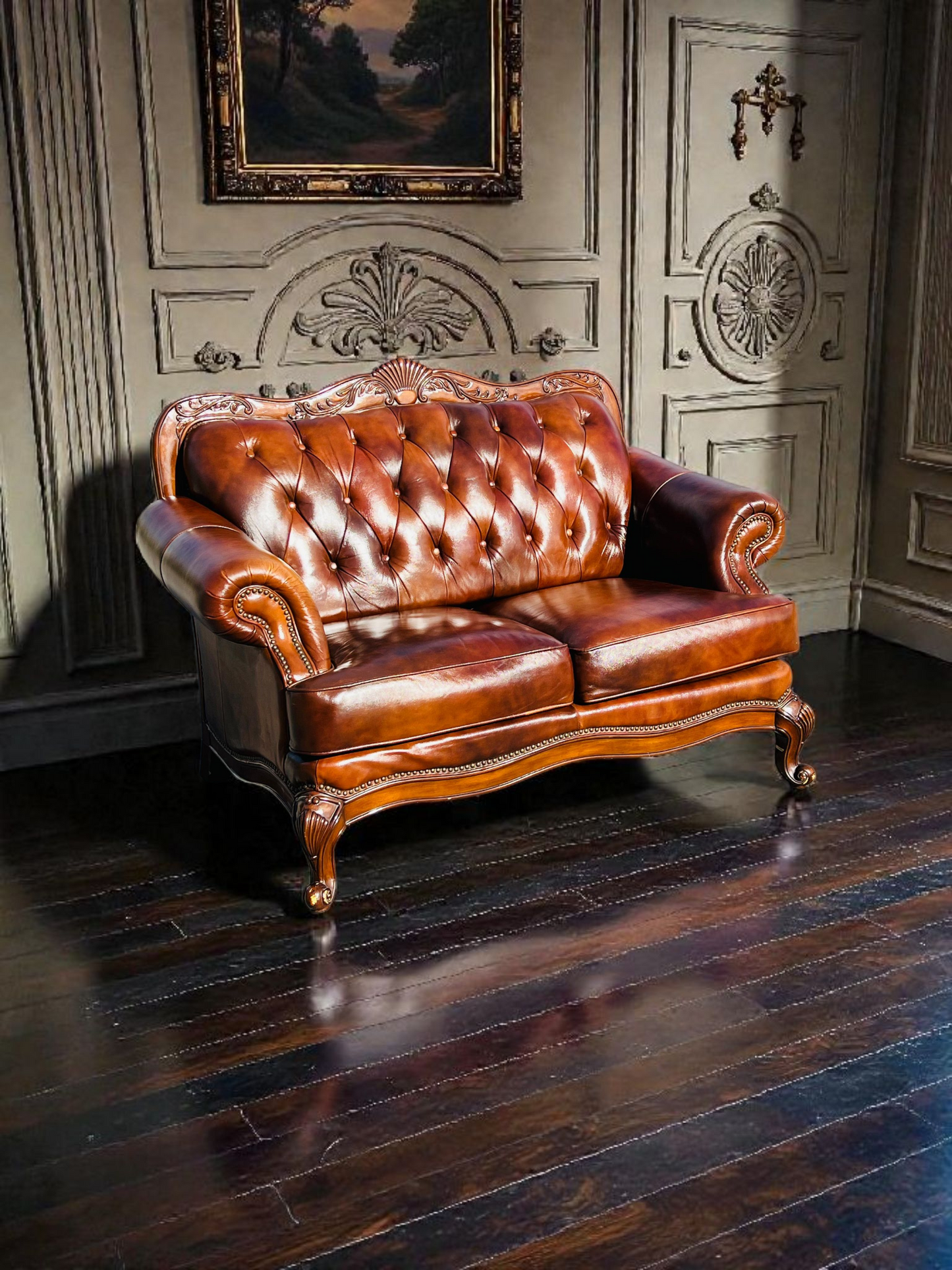 🛋️ Juego de Sala Clasico — Cuero Marron con Tallado Ornamental (2 piezas)