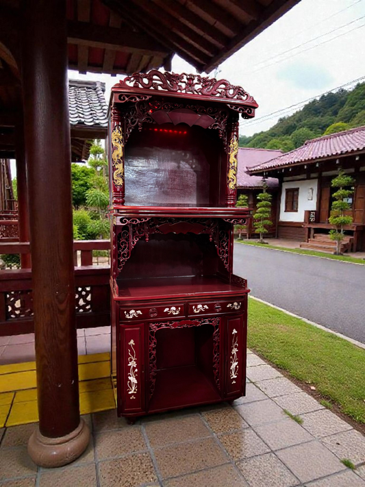 🐉 Vitrina antigua china de olmo tallado y lacado en rojo 🐉