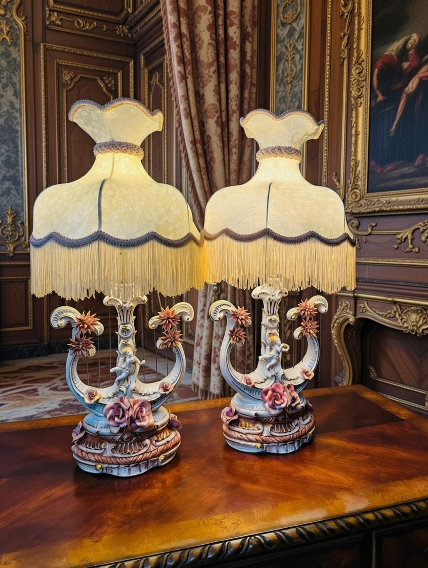 Pair of Italian Capodimonte Lamps – Harp Style with Cherubs🌿🌸