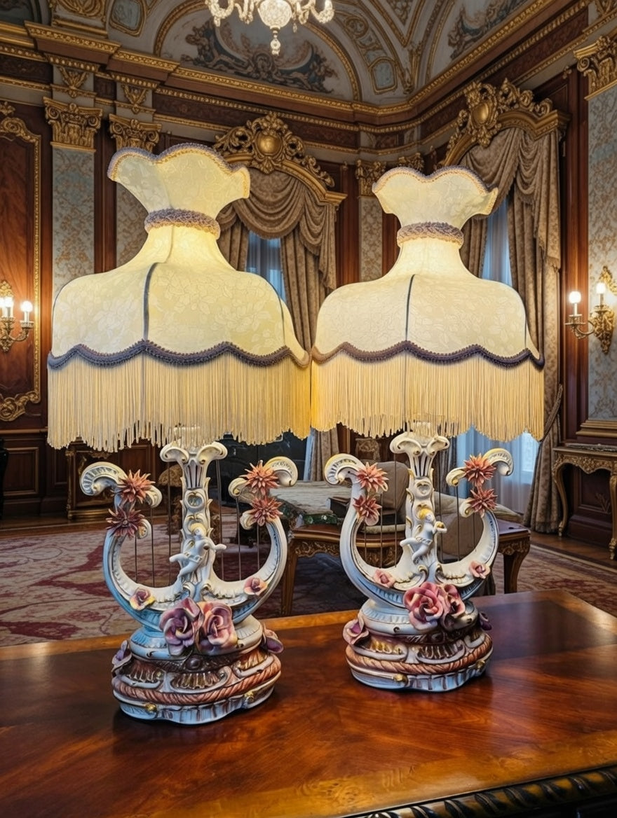 Pair of Italian Capodimonte Lamps – Harp Style with Cherubs🌿🌸