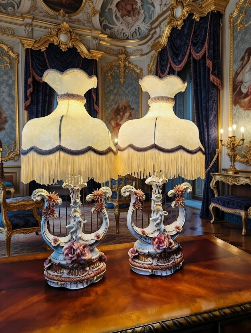 Pair of Italian Capodimonte Lamps – Harp Style with Cherubs🌿🌸