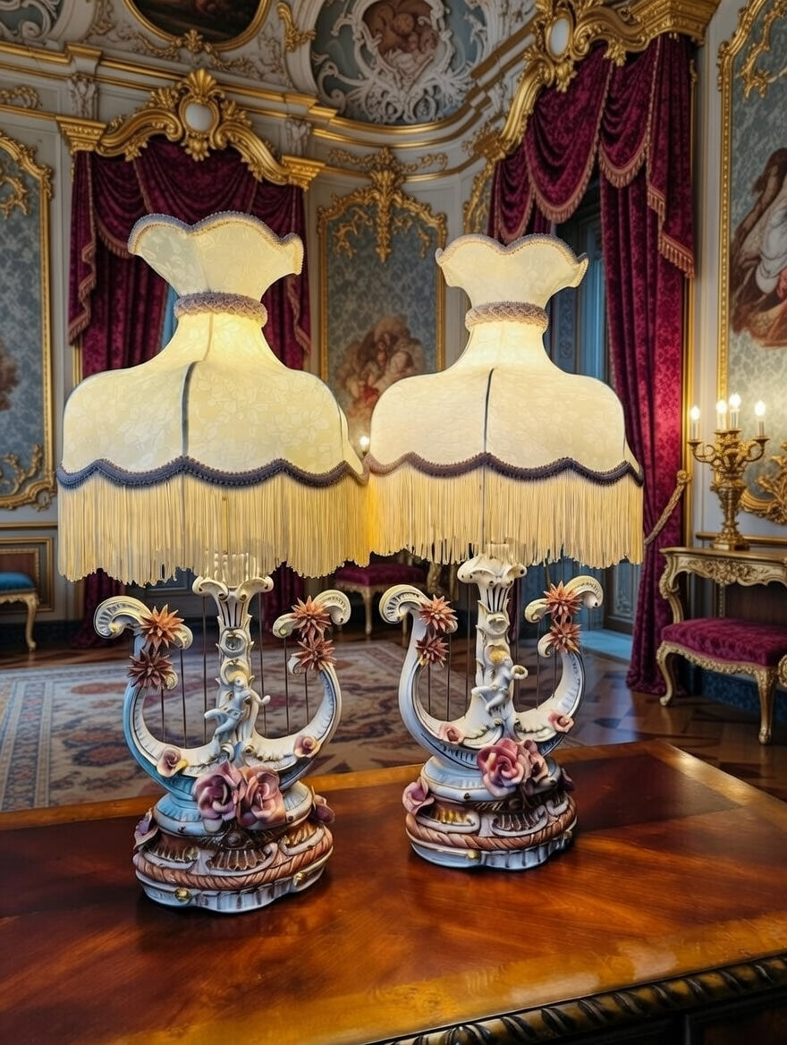 Pair of Italian Capodimonte Lamps – Harp Style with Cherubs🌿🌸