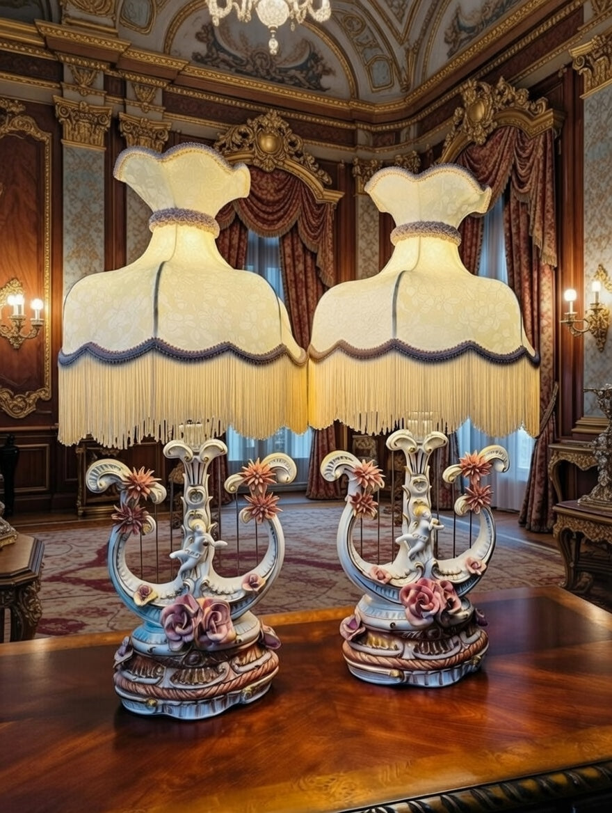 Pair of Italian Capodimonte Lamps – Harp Style with Cherubs🌿🌸