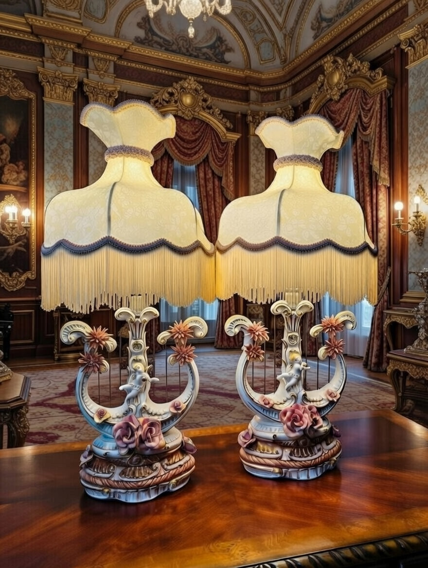 Pair of Italian Capodimonte Lamps – Harp Style with Cherubs🌿🌸