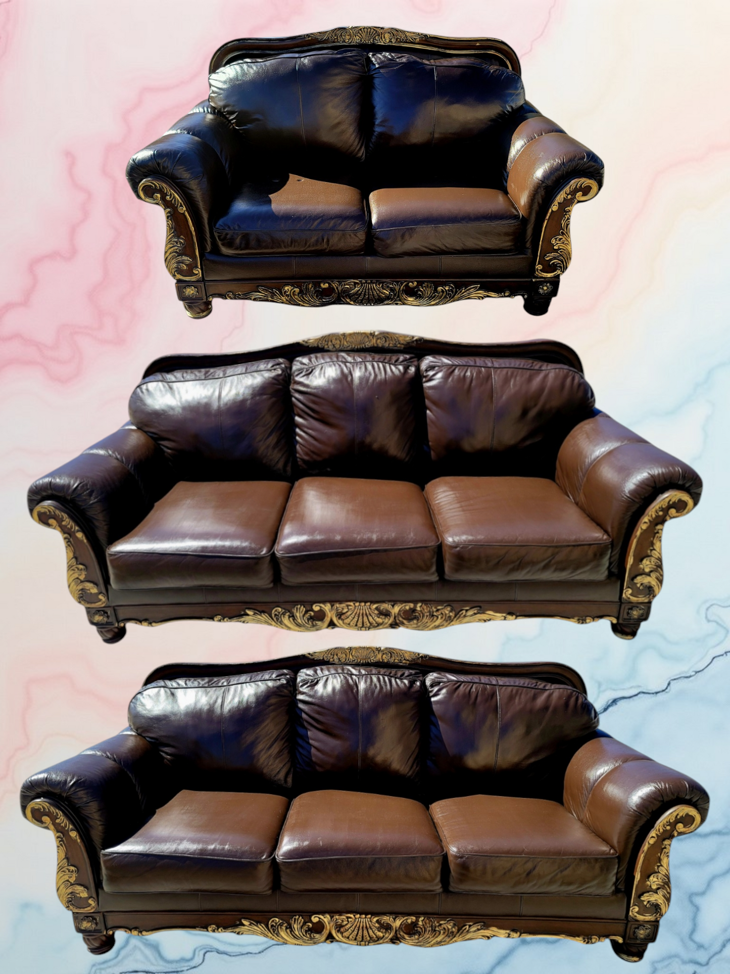 🛋️ 🌟 ¡Liquidacion Sala Tradicional De Piel De 3 Piezas, Con Marco De Madera! 🌟🛋️