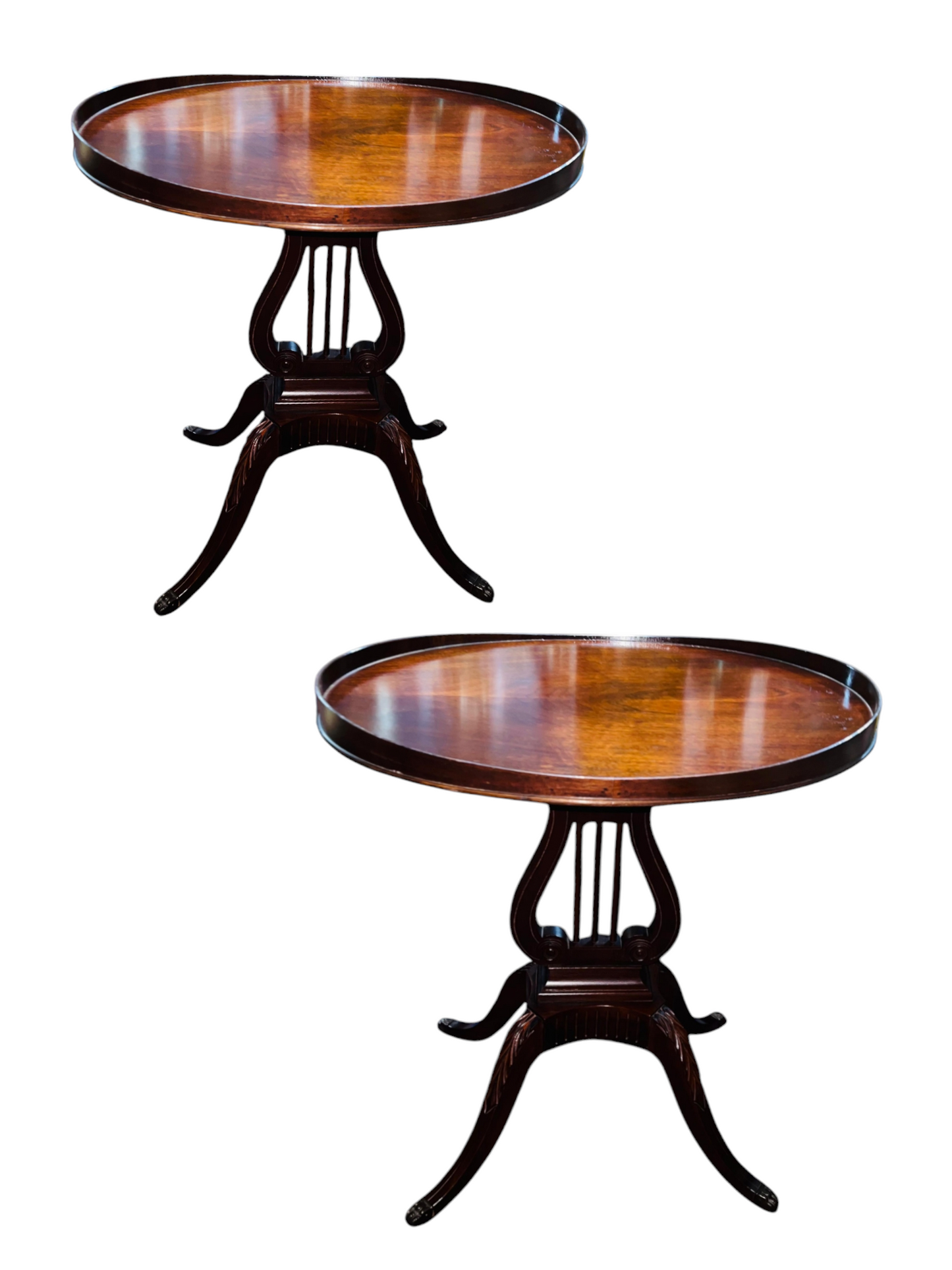 Par de Mesas Mid-Century laterales de madera con Forma de Arpa y Pies de Garra de Bronce 🪑✨