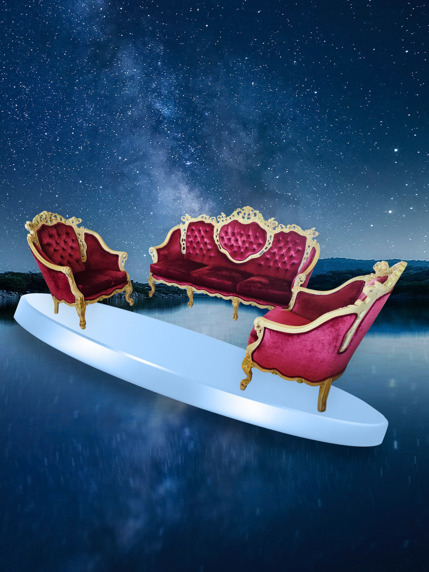 🎩 ✨ Sala de Epoca en Terciopelo Vino y Madera Tallada Color Marfil ✨🏛️