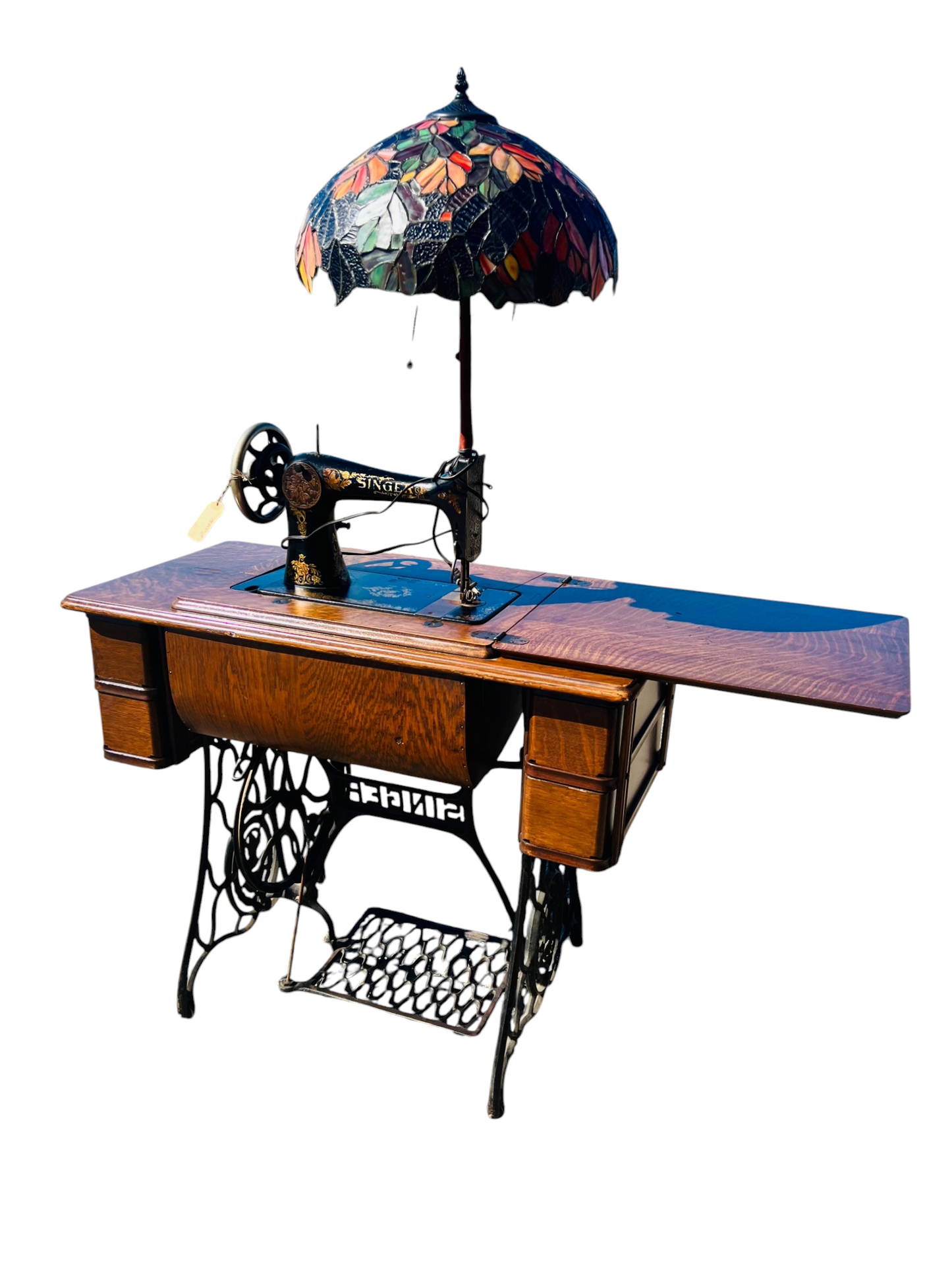 🕰️ Singer del siglo XIX convertida en lampara decorativa con vitrales en tonos otoñales🔱