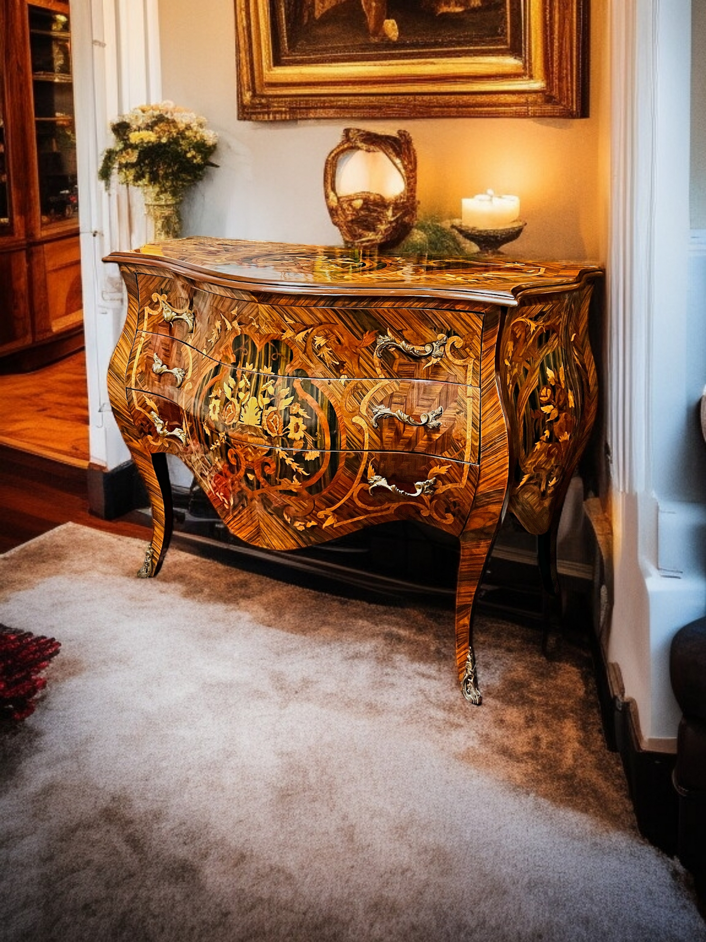 ⚜️Bombé francés con marquetería e incrustaciones en bronce dorado 🇫🇷