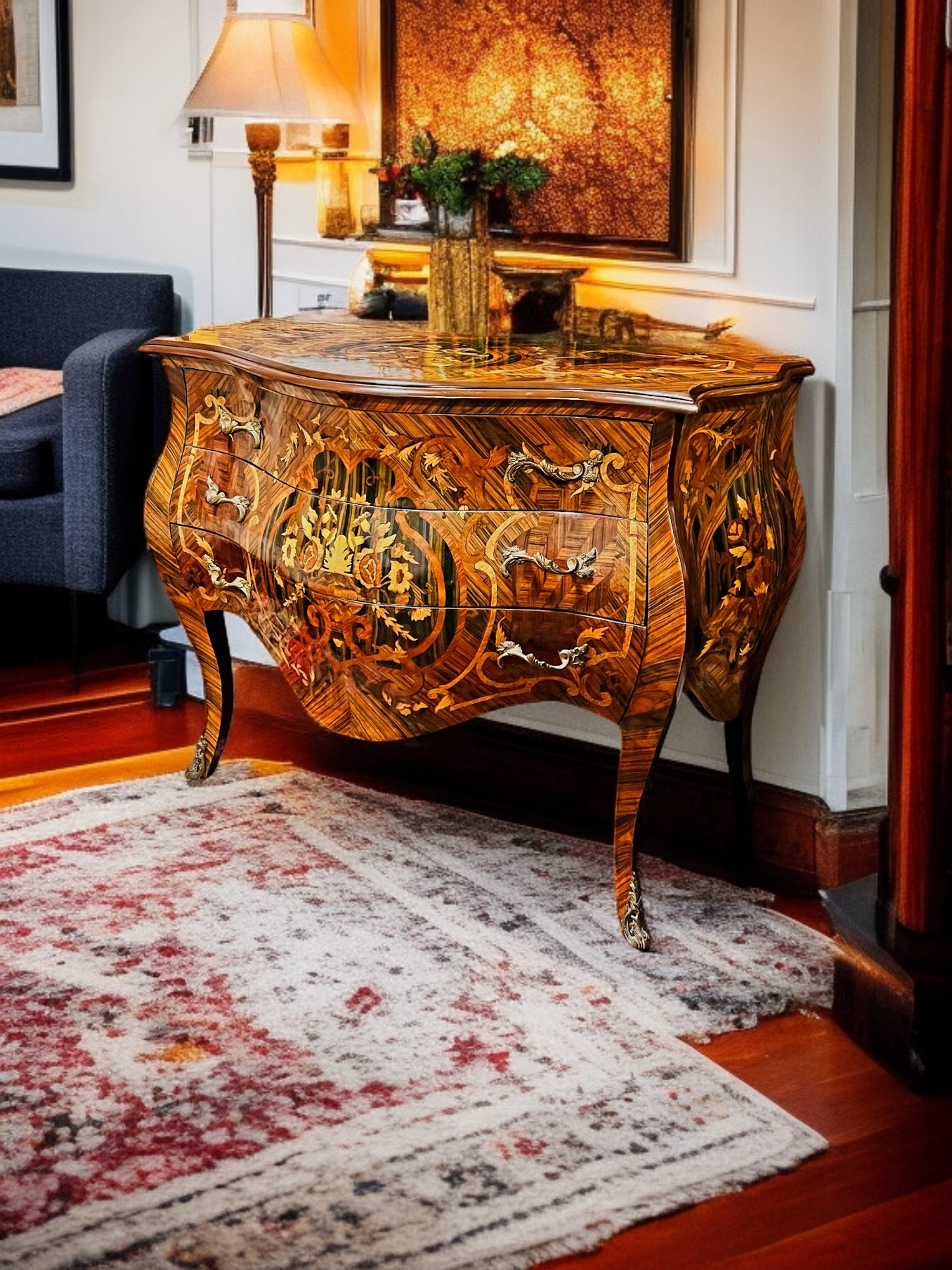 ⚜️Bombé francés con marquetería e incrustaciones en bronce dorado 🇫🇷