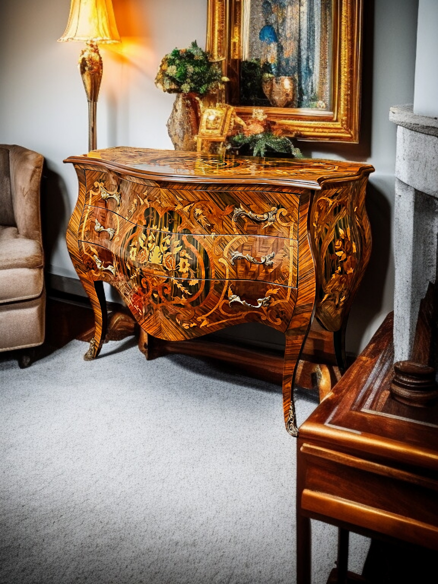 ⚜️Bombé francés con marquetería e incrustaciones en bronce dorado 🇫🇷