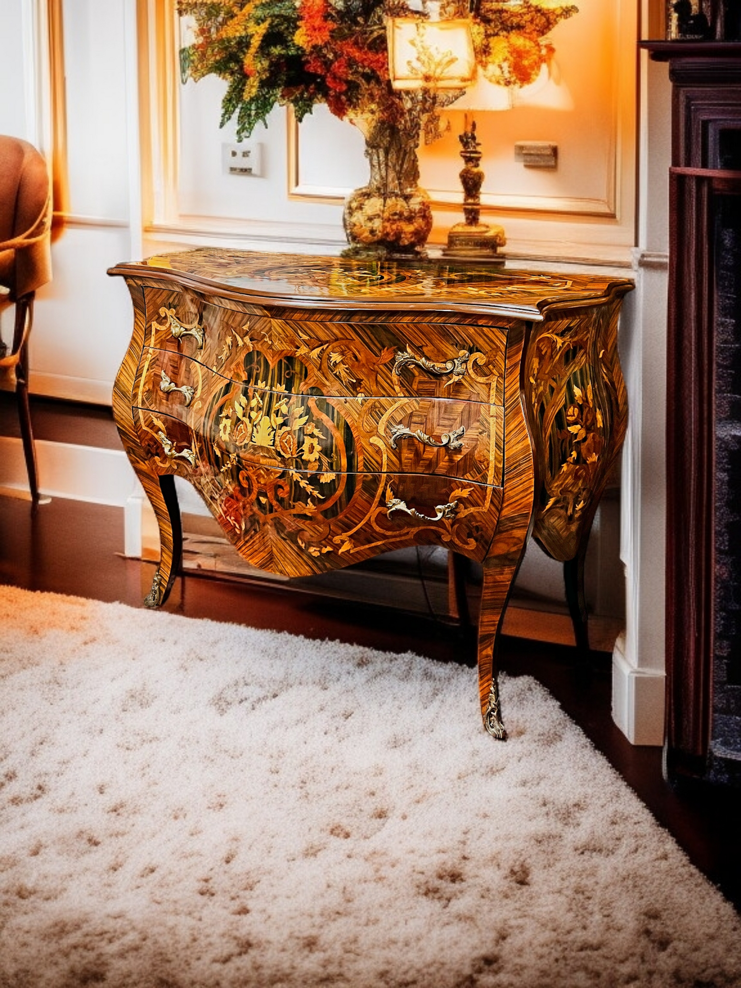 ⚜️Bombé francés con marquetería e incrustaciones en bronce dorado 🇫🇷