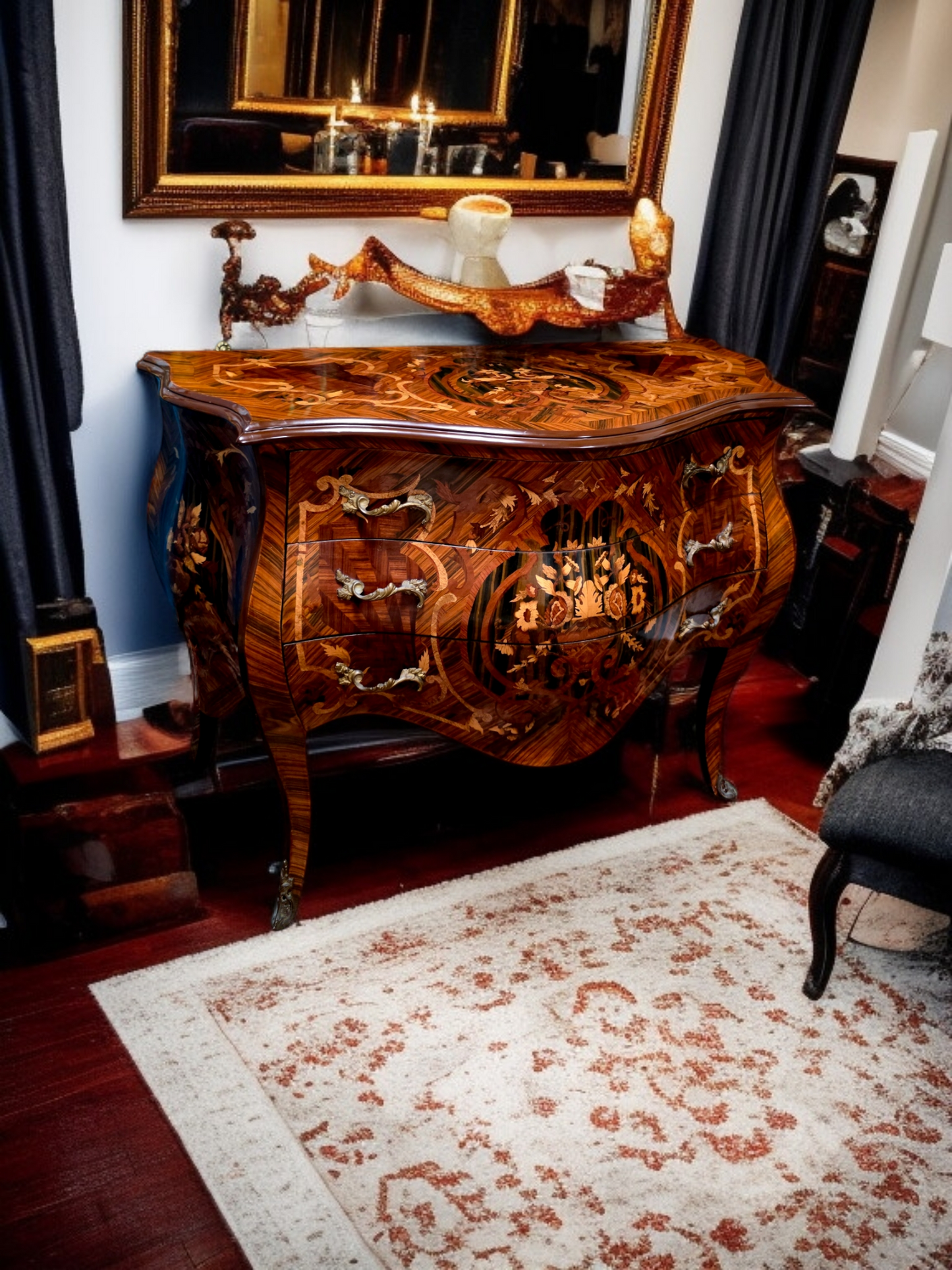 ⚜️Bombé francés con marquetería e incrustaciones en bronce dorado 🇫🇷