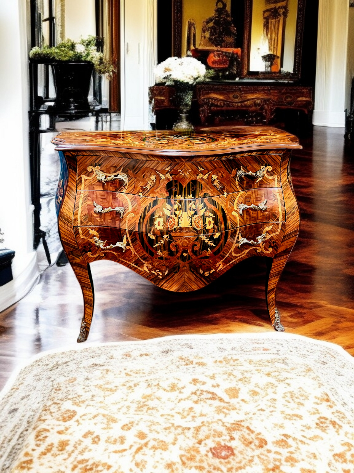 ⚜️Bombé francés con marquetería e incrustaciones en bronce dorado 🇫🇷