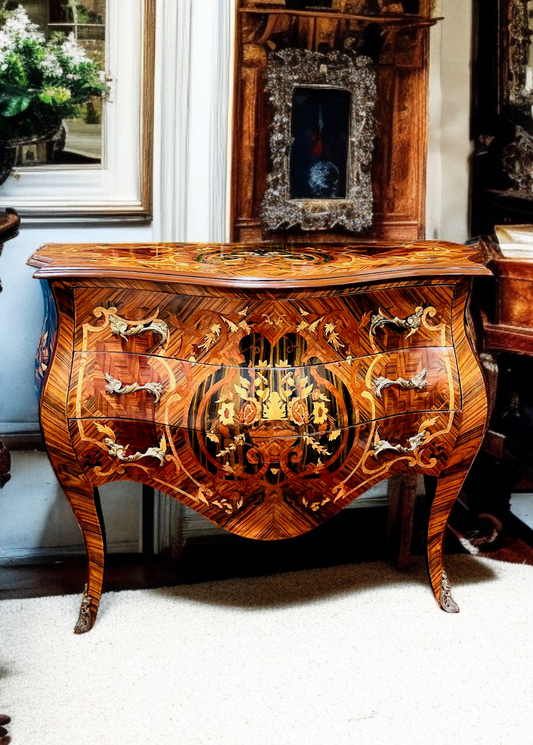 ⚜️Bombé francés con marquetería e incrustaciones en bronce dorado 🇫🇷