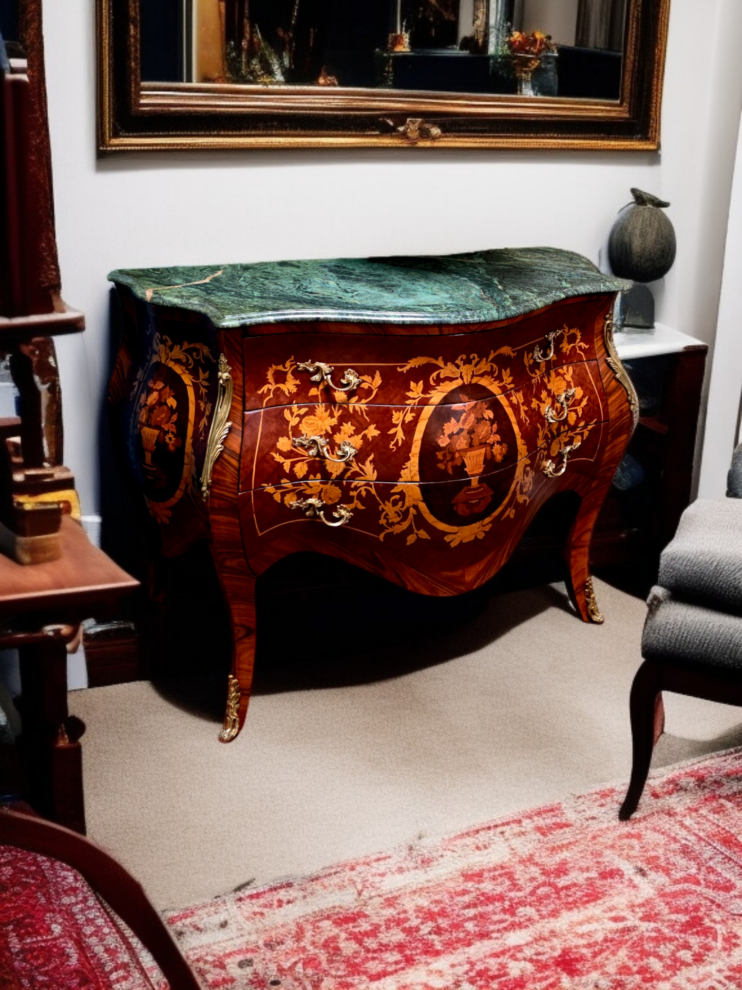 🇫🇷✨Bombe Francés con Marquetería, Bronce Dorado y Mármol Verde Pecho Paloma 🎩🌿