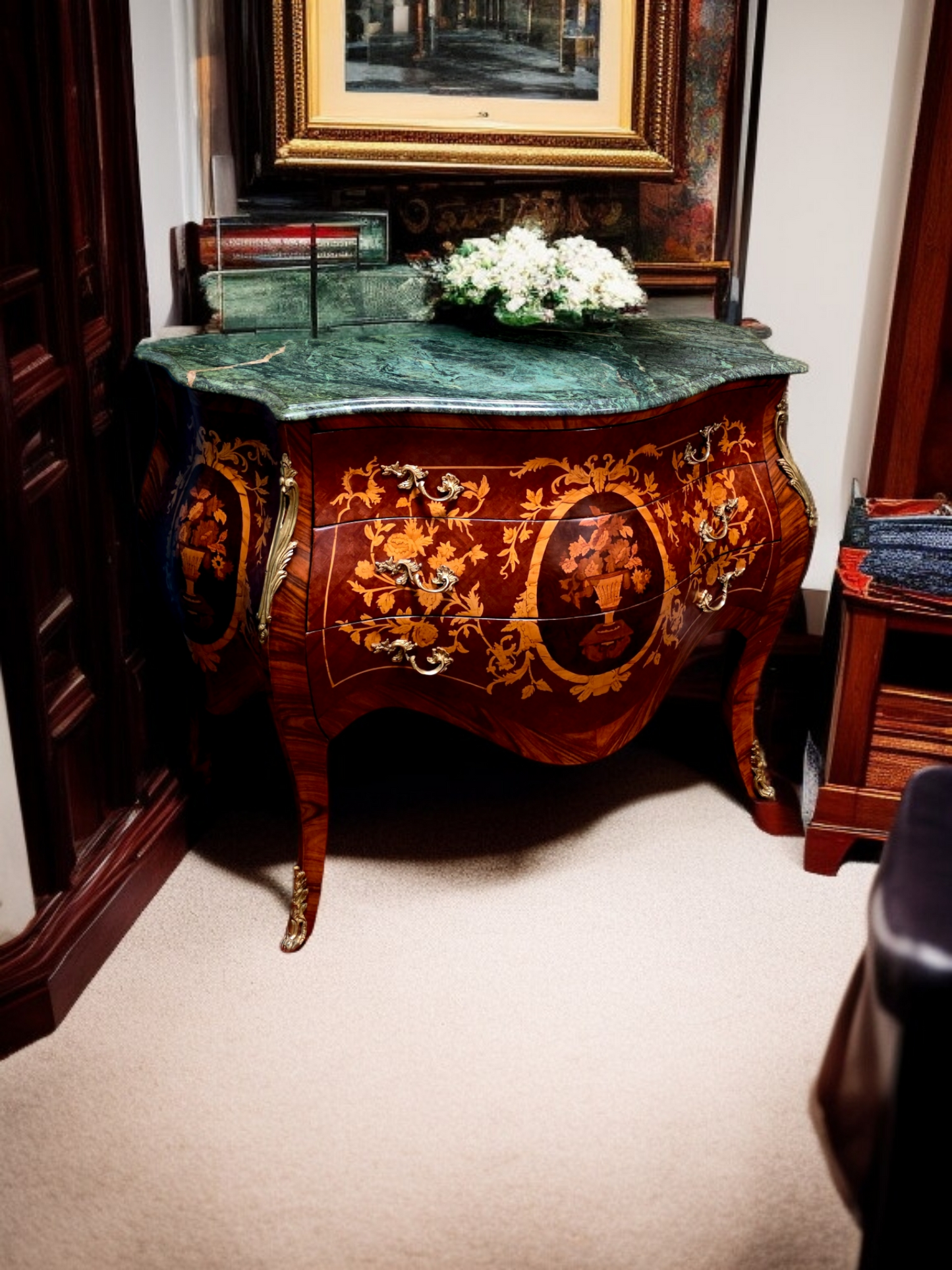 🇫🇷✨Bombe Francés con Marquetería, Bronce Dorado y Mármol Verde Pecho Paloma 🎩🌿