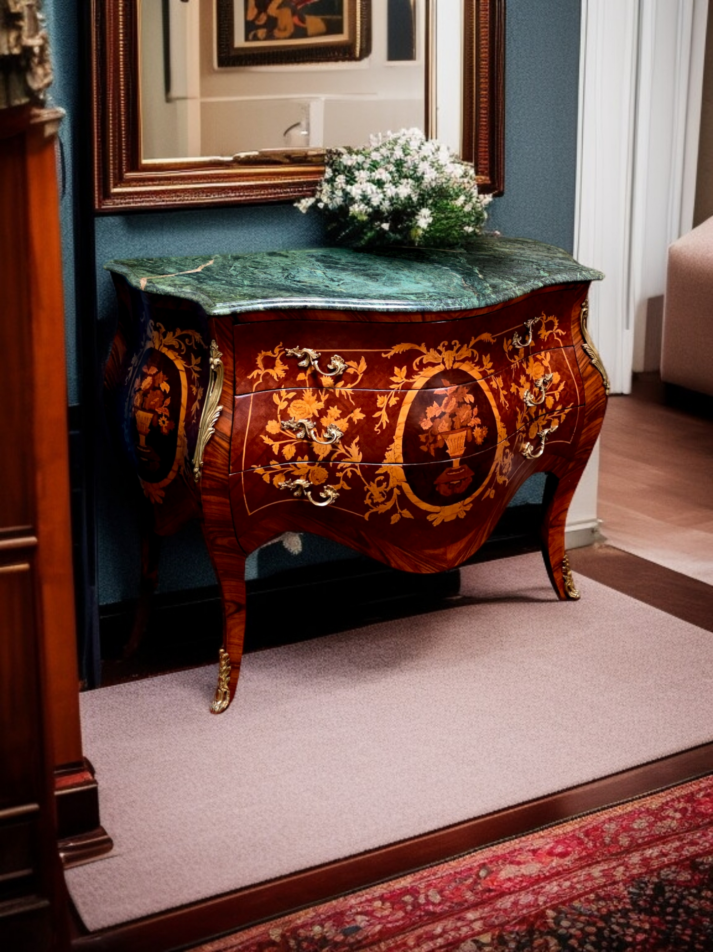 🇫🇷✨Bombe Francés con Marquetería, Bronce Dorado y Mármol Verde Pecho Paloma 🎩🌿