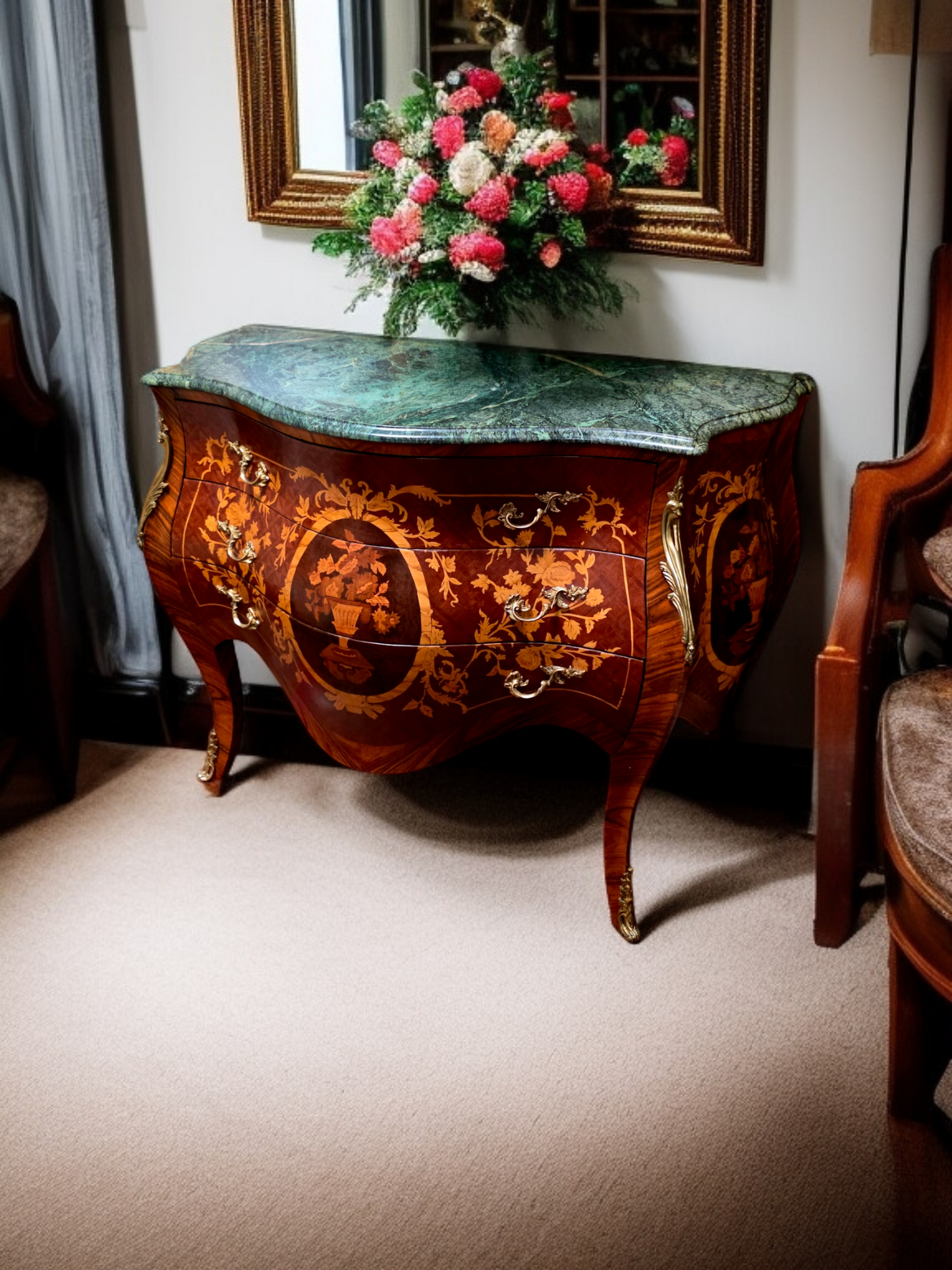 🇫🇷✨Bombe Francés con Marquetería, Bronce Dorado y Mármol Verde Pecho Paloma 🎩🌿