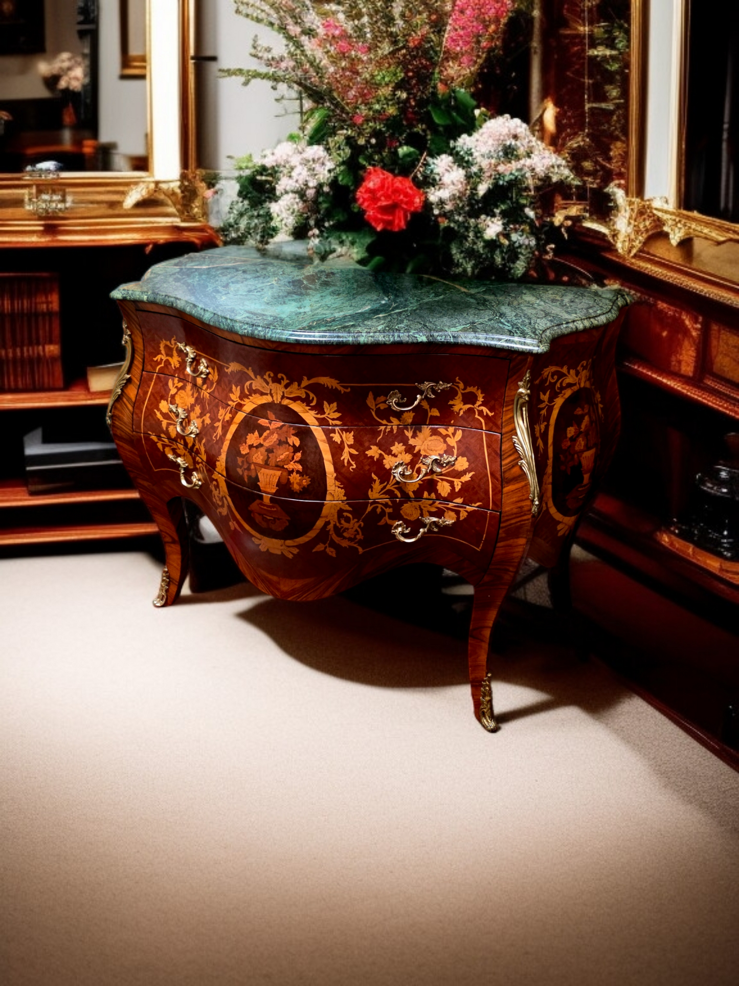 🇫🇷✨Bombe Francés con Marquetería, Bronce Dorado y Mármol Verde Pecho Paloma 🎩🌿