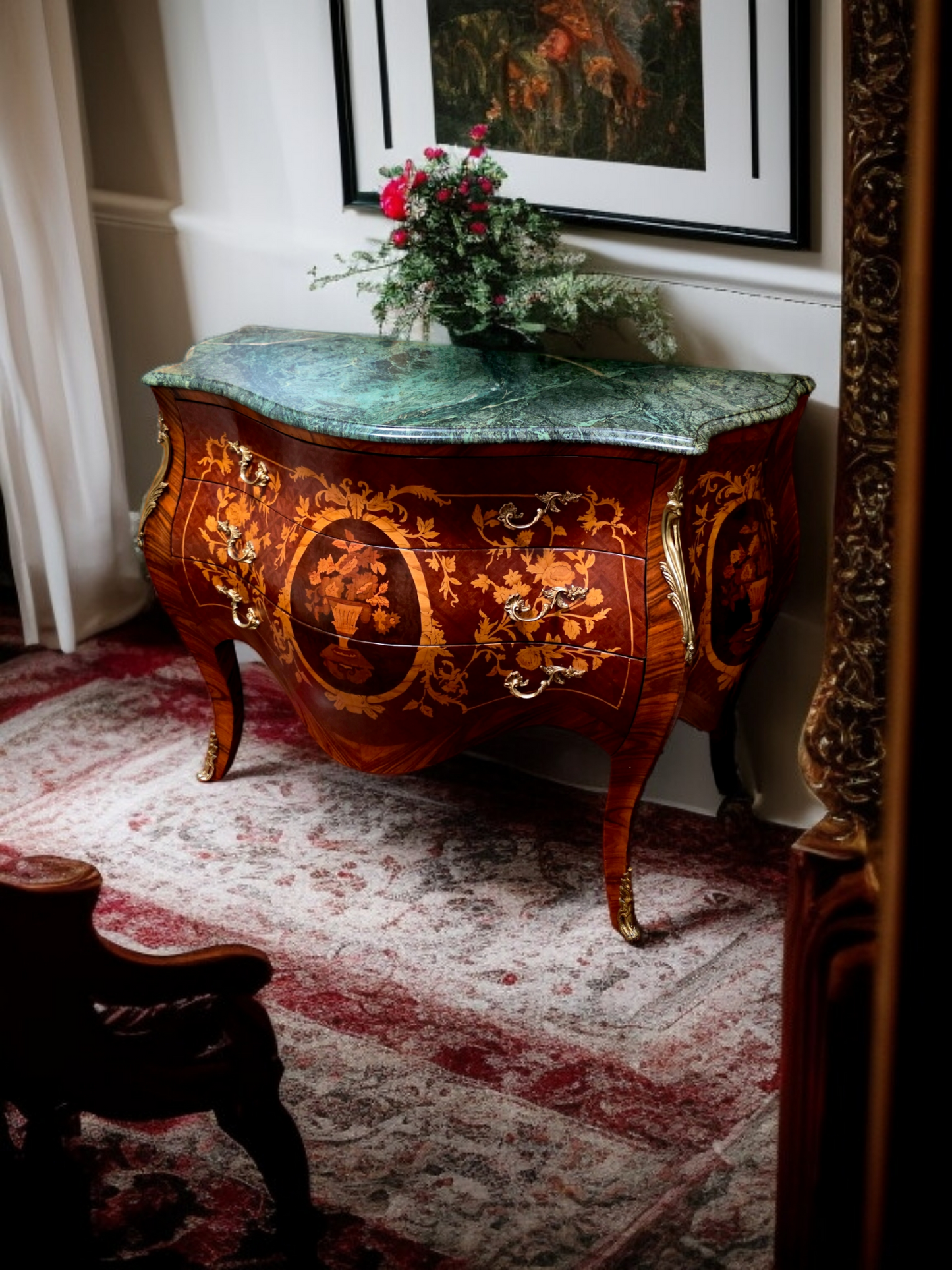 🇫🇷✨Bombe Francés con Marquetería, Bronce Dorado y Mármol Verde Pecho Paloma 🎩🌿