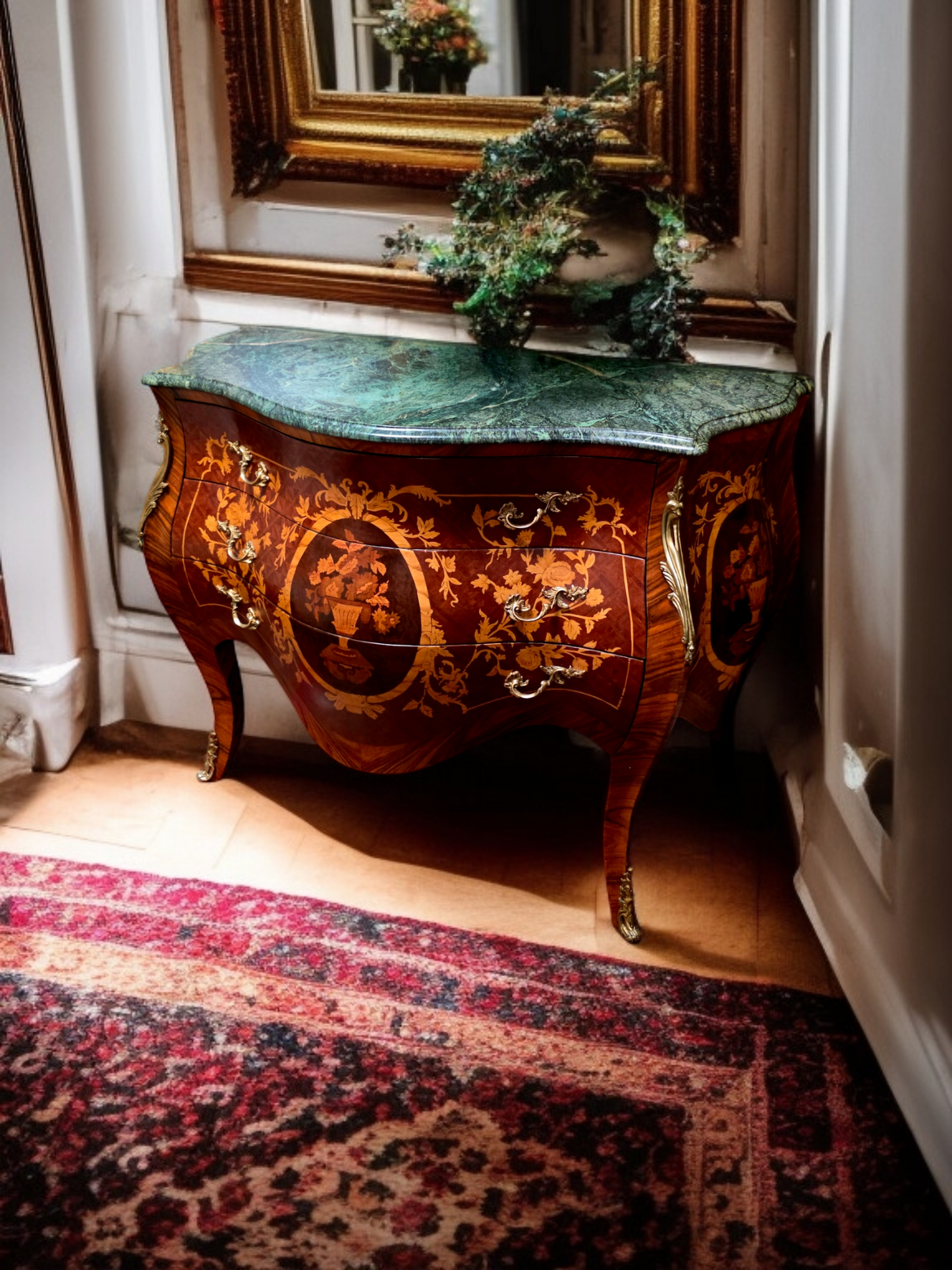 🇫🇷✨Bombe Francés con Marquetería, Bronce Dorado y Mármol Verde Pecho Paloma 🎩🌿